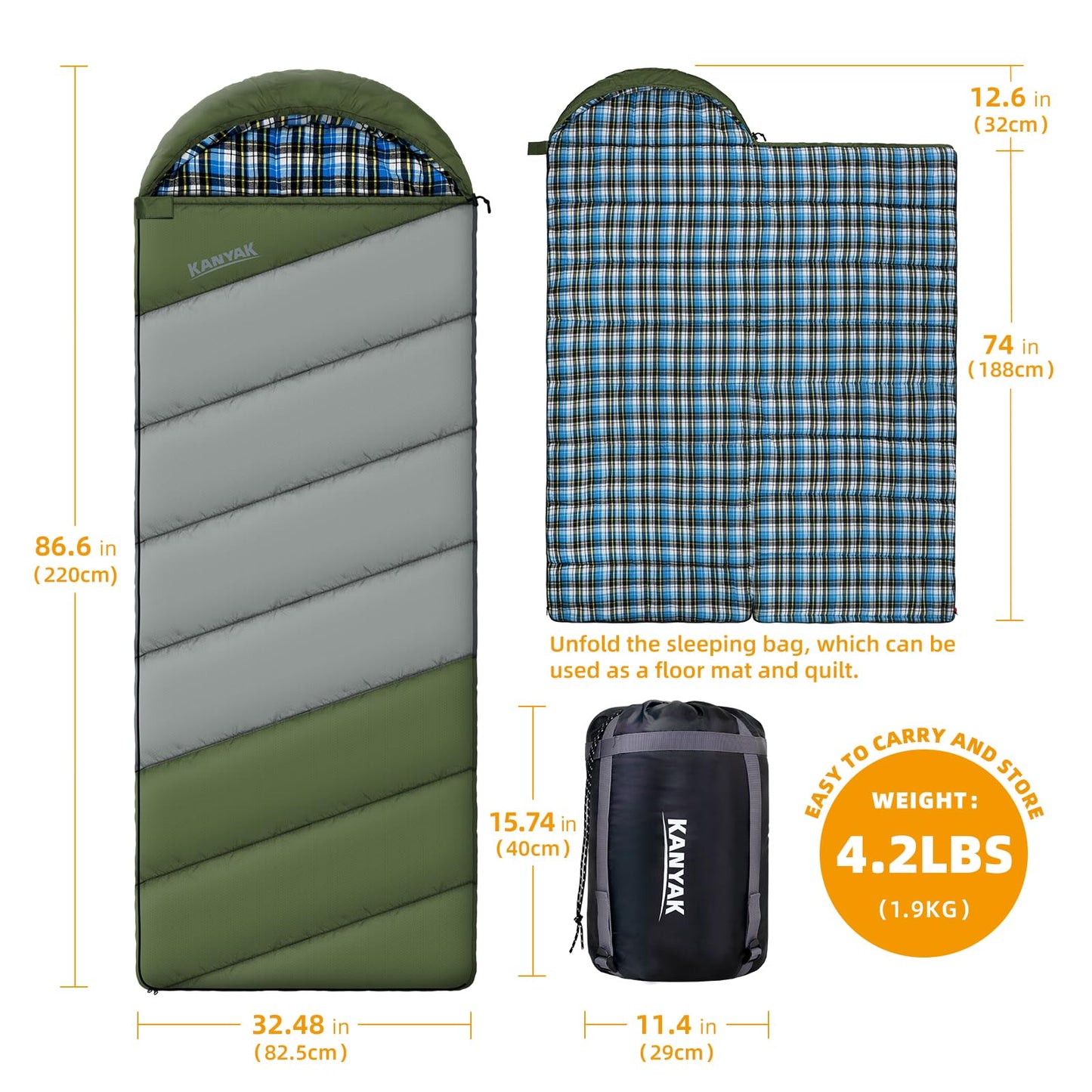Sleeping Bags for 3 Seasons, Adults Teens Cold Weather & Warm, Cotton Flannel Backpacking Sleeping Bag, Lightweight Compact Camping Essentials Equipment, Hiking, Outdoor, Travel(Green Grey-1)