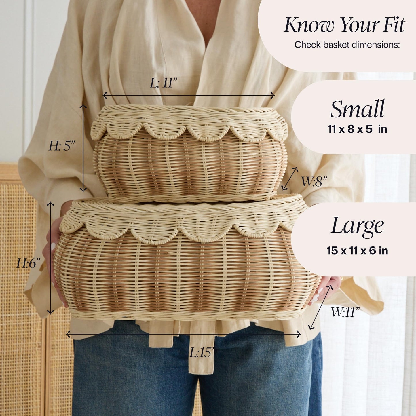 BEBE BASK The Original Scalloped Basket with Lid – Set of 2 (15 x 11 x 6 in) – Hand-Woven Rattan Scalloped Wicker Basket with Lid, Storage Baskets with Lids for Organizing (Stripey)
