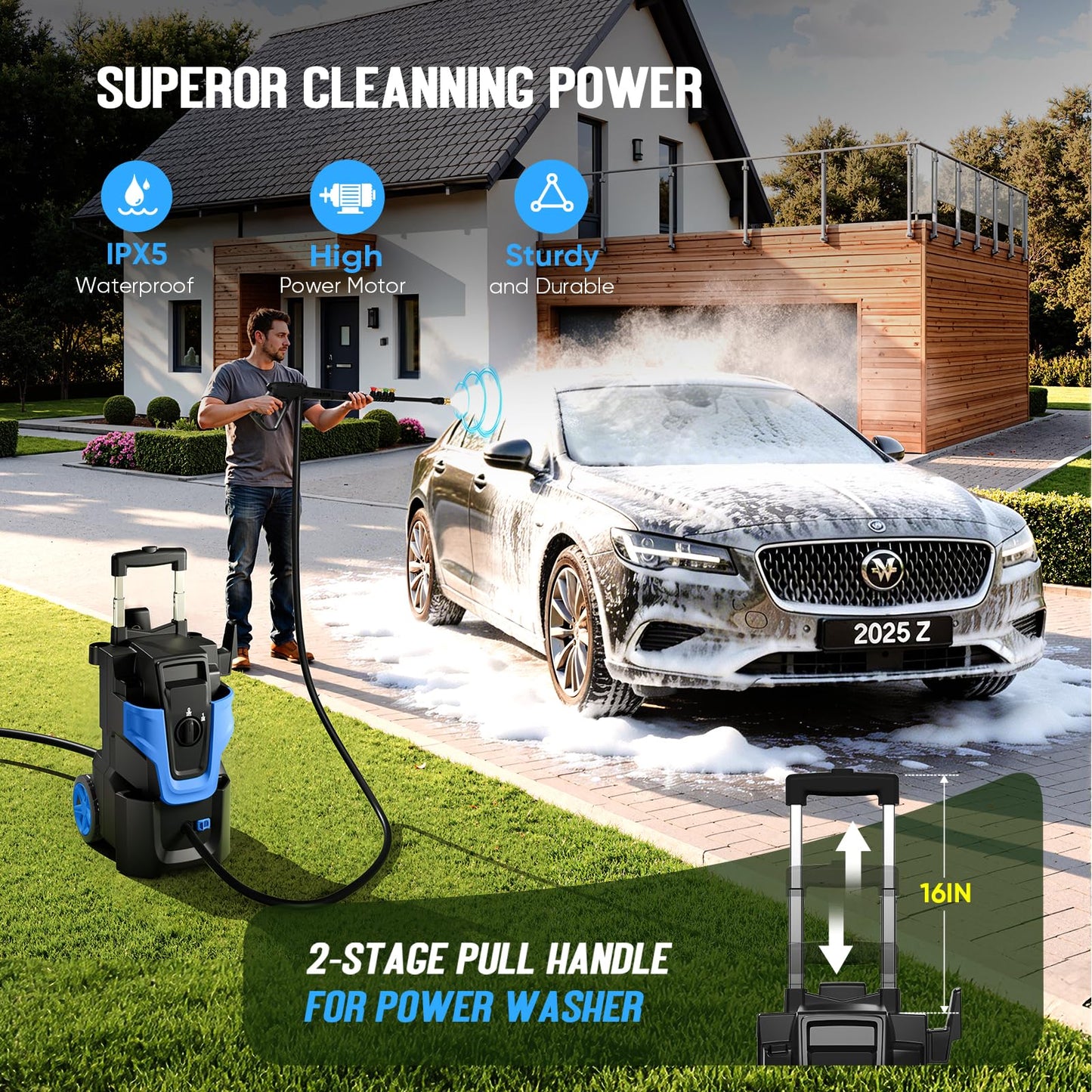 5000PSI Heavy Duty Pressure Washer, 3-Speed Adjustable Power Washer with 2-Stage Pull Rod, 4 Nozzles, Foam Cannon & 500ml Soap Bottle for Car, Home & Outdoor Cleaning,Blue