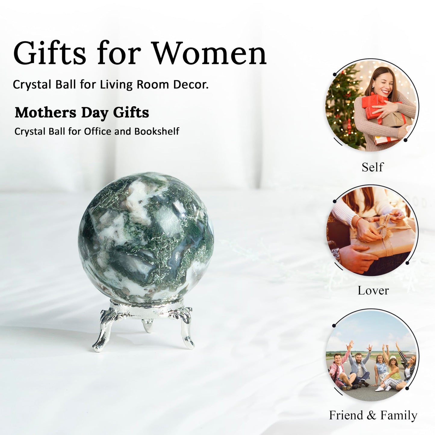 Crocon 50mm Tree Agate Stone Sphere Ball with Metal Stand 1400+ Carats Gemstone Ball Healing Sphere Sculpture Figurine for Fengshui Divination Home Decoration Photography Crystal Sphere