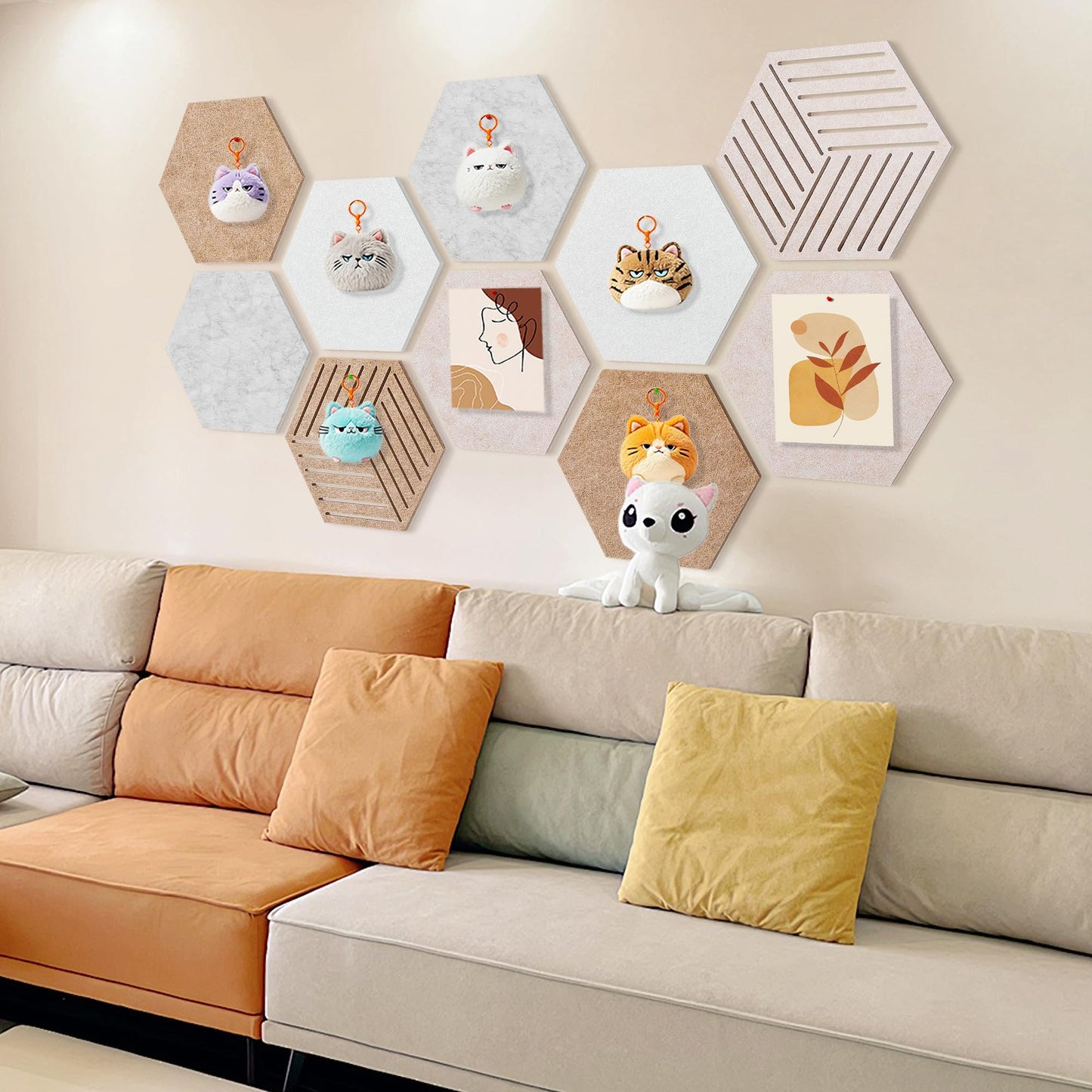 10 Pack Hexagon Cork Board Tiles Alternative, 12'' Fully Self-Adhesive Modern Felt Bulletin for Wall Decor, Frameless Pin Board for Office, Renter-Friendly Decorative Hexagon Corkboard with 30 Pins