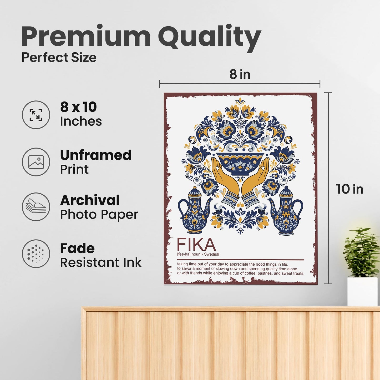 Moments of Warmth and Fika - Scandinavian Wall Decor Poster - 8x10 Unframed Swedish Folk Art Print for Kitchen Living Room Office - Nordic Home Gift for Women Christmas Midsummer or Rustic Cozy Décor
