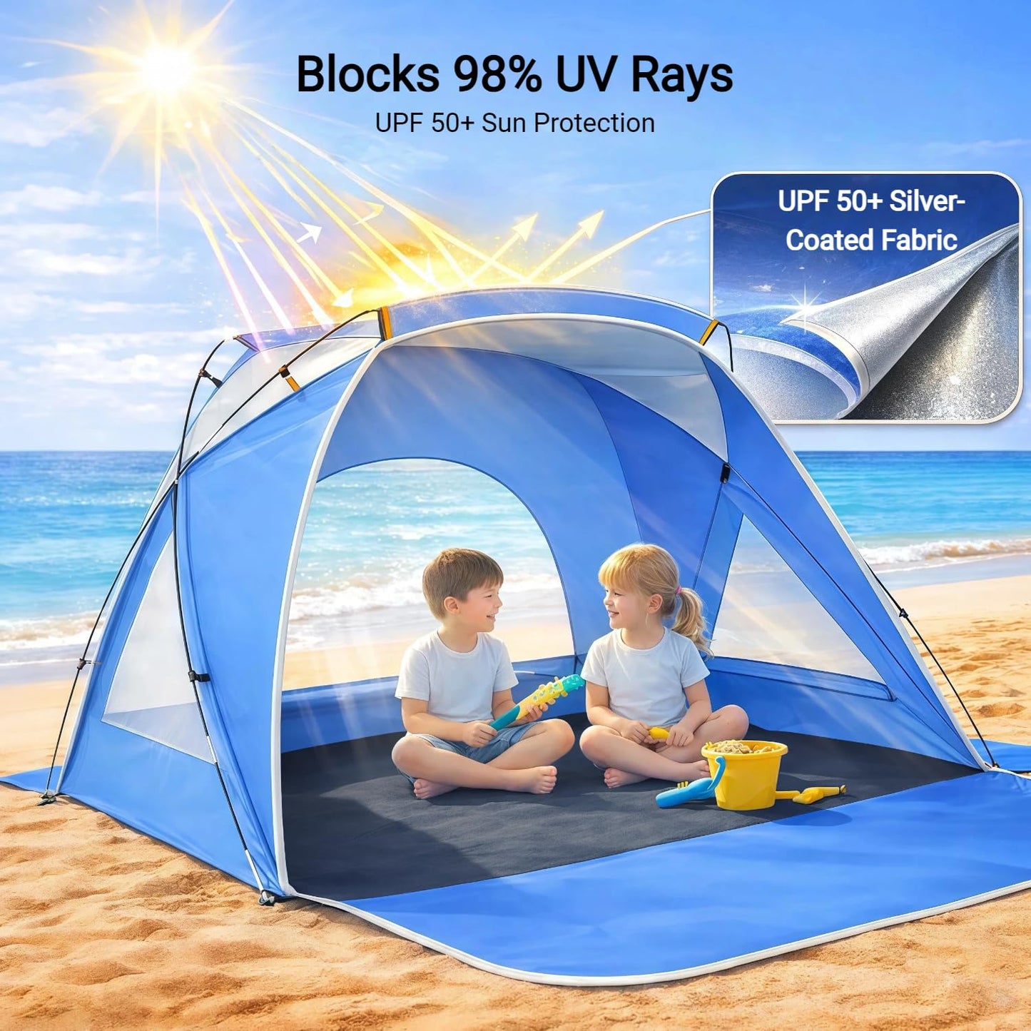 Beach Tent, Portable Sun Shelter for 2/3/4/6-8 Person with UPF 50+ UV Protection, Easy Setup Waterproof Beach Shade Canopy Cabana for Family Outdoor and Picnics, Fishing with Carrying Bag