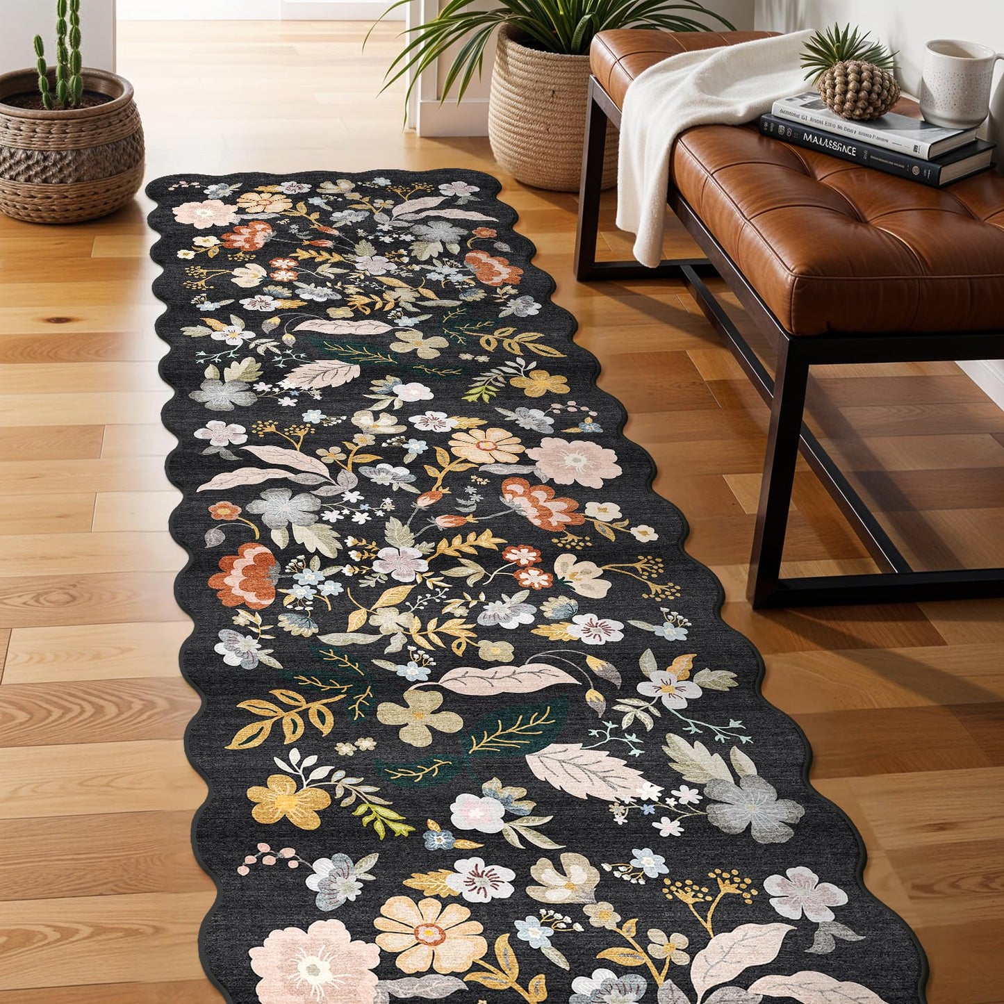 3x12ft Long Hallway Runner Rug - Non Slip Washable Floral Floor Runner for Kitchen Entryway Bathroom，Boho Low Pile Thin Rubber Backed Scalloped Carpet Runner (Black, 3x12)