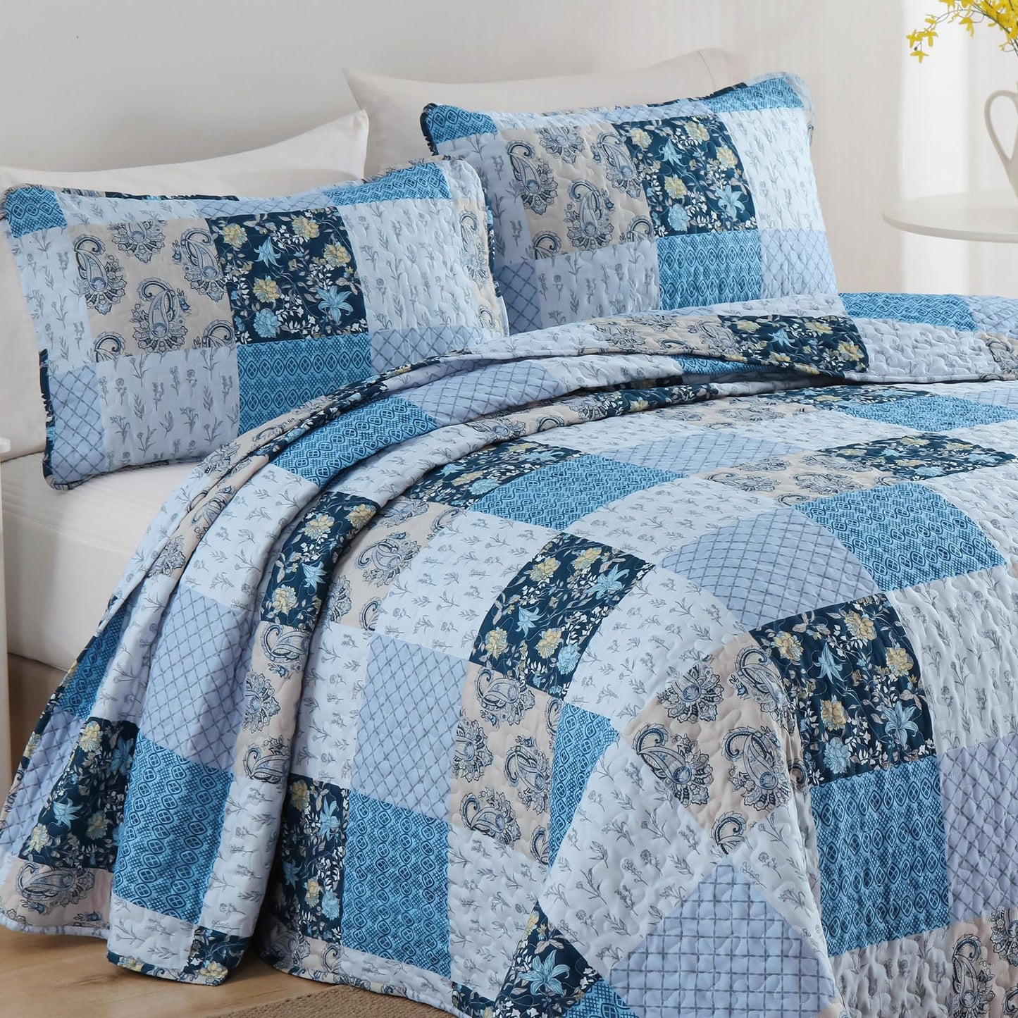 Xruibed Blue Quilt Set Queen Size 3 Pieces Plaid Floral Boho Bedspread Coverlet Set Patchwork Pattern Reversible Bedding Set Soft Microfiber Bedspread Set Queen for All Season(Queen 96"x90")