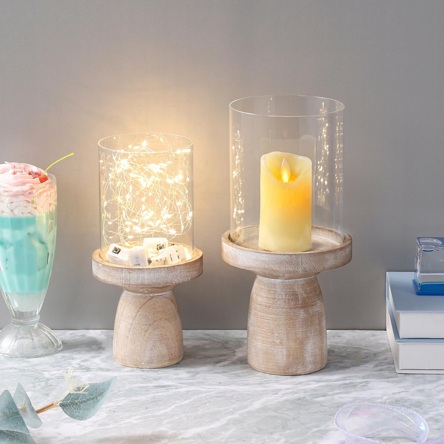 4" & 5" Glass Hurricane Candle Holders with Distressed Brown Solid Wooden Base in Set of 2, Decorative Centerpiece for Home, Coffee Table, Fireplace Mantel, Wedding, Modern Farmhouse Style