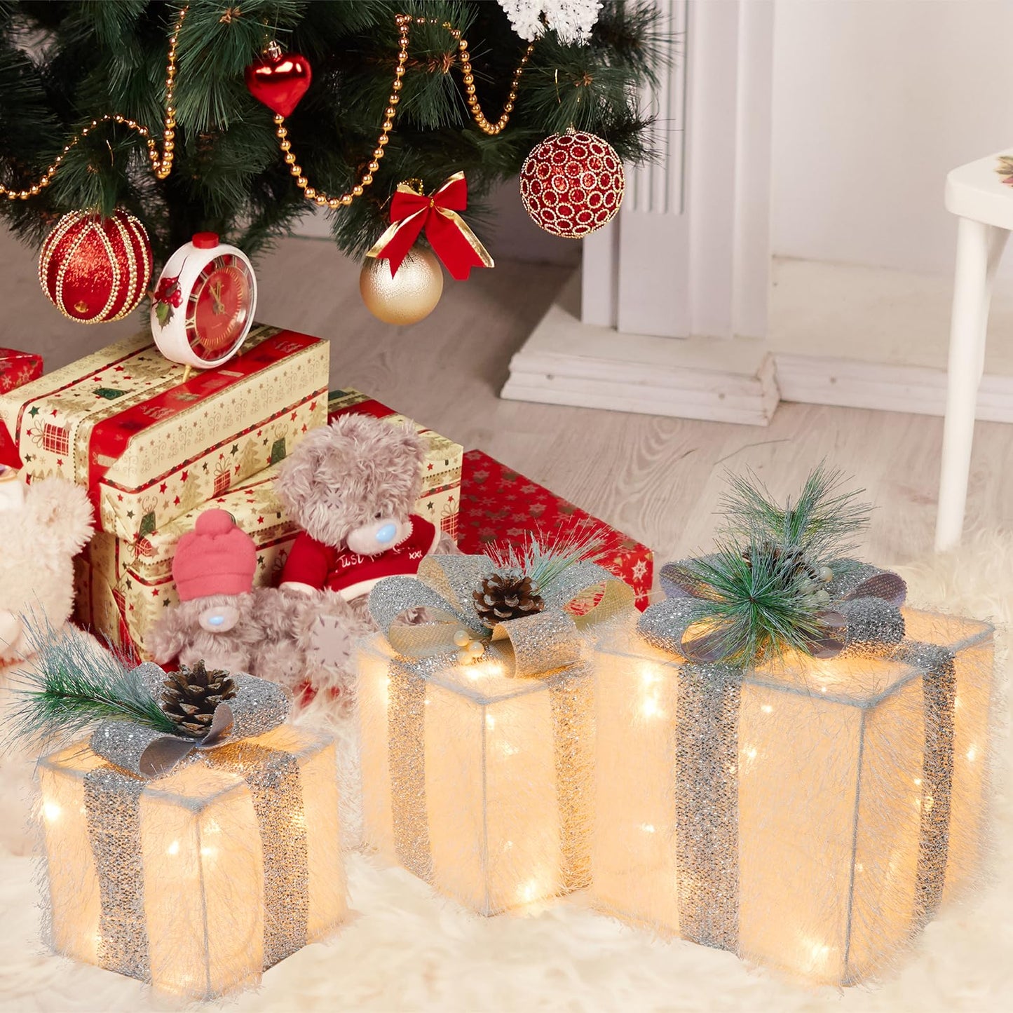 Set of 3 Christmas Lighted Gift Boxes with 60 LED Lights, Plug-in Holiday Decorations for Xmas Tree, Home, Indoor Outdoor Décor(Silver)