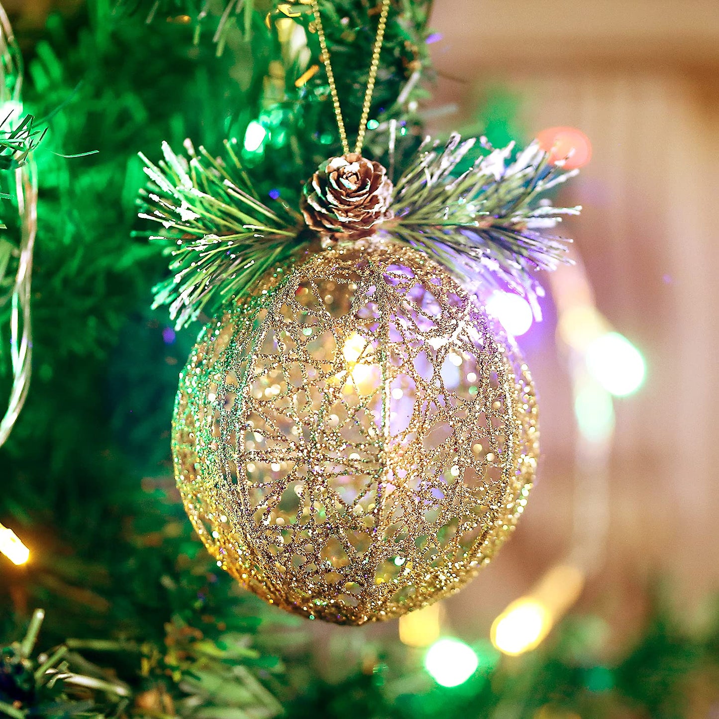 Christmas Ball Ornaments, 4pc Set Gold Pinecone Rattan Thread String Christmas Tree Ornament Xmas Trees Wedding Party Decorations