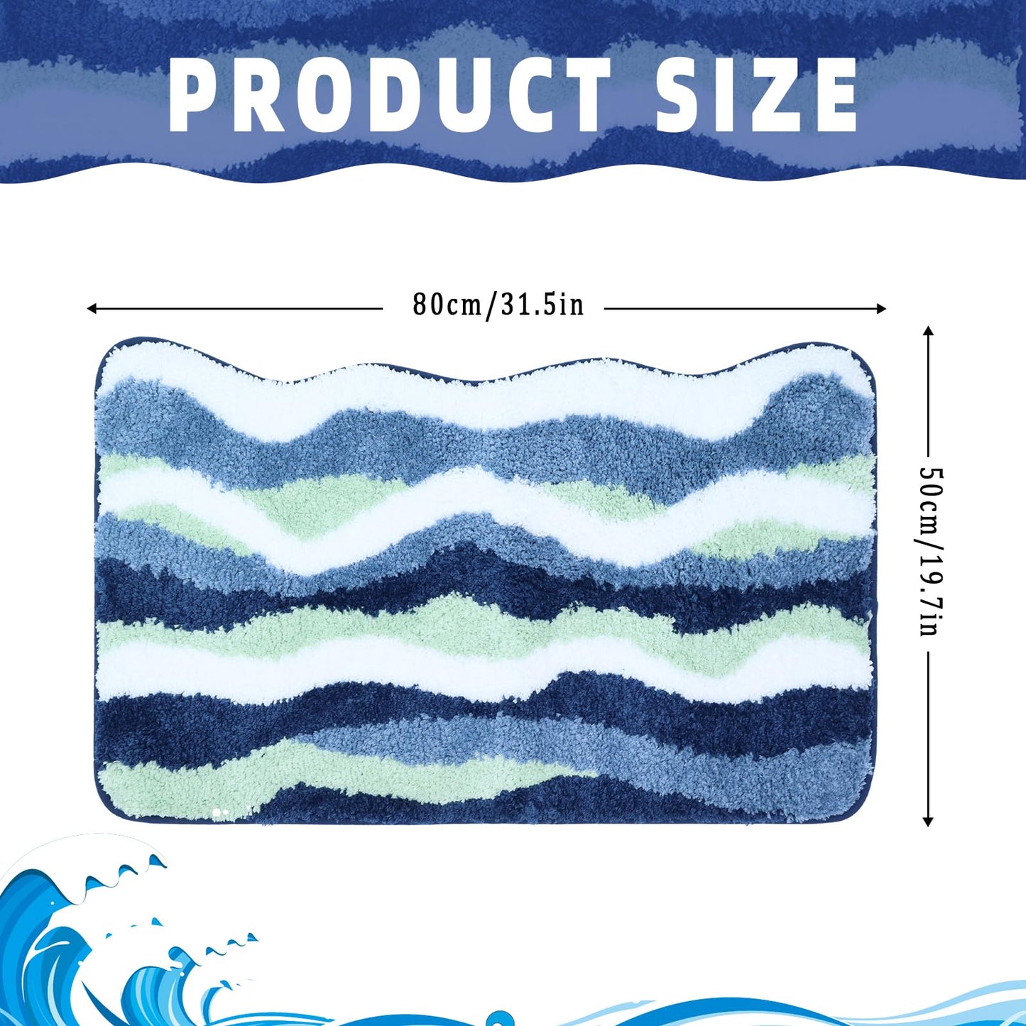 Heionia Ocean Wave Bathroom Mat, Beach Coastal Bathroom Rugs, Nautical Rug, Soft Washable Non-Slip Absorbent Bath Rugs for Shower Floor, Toilet, Bedroom and Kitchen, 19.7 * 31.5''