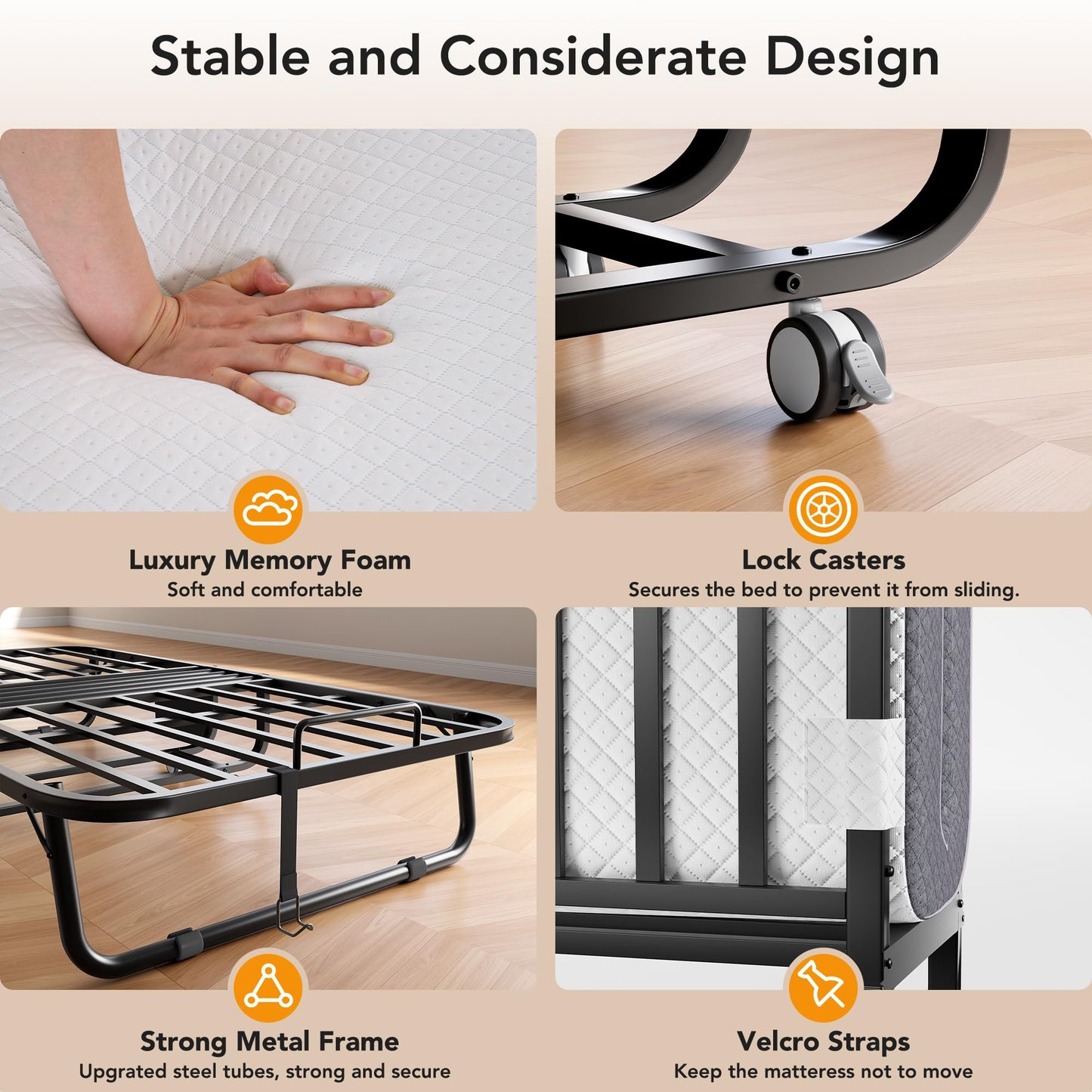 Folding Bed with Memory Foam Mattress, 75" x 31" Cot Size Portable Foldable Bed with Movable Wheels, Space-Saving Sturdy Metal Frame, Twin Rollaway Bed for Adults for Guest Room, Apartment, Camping