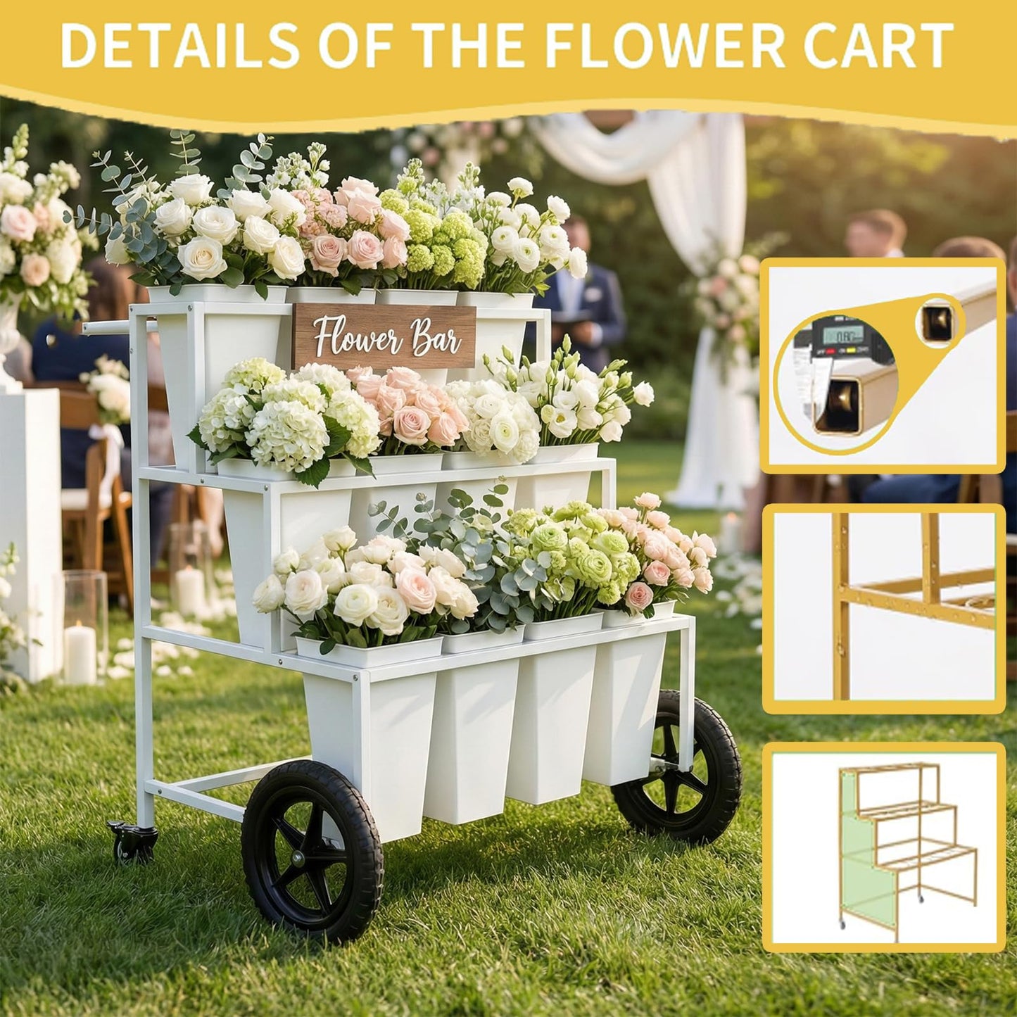 VITNSVILE Mobile Metal Flower Plant Stand, 360° Rolling Flower Display Stand for Indoor Outdoor, Space Saving Flower Bar Stand for Patio, Garden Event White, Black, Gold (White L33.4*W31.4*H*40.5in)