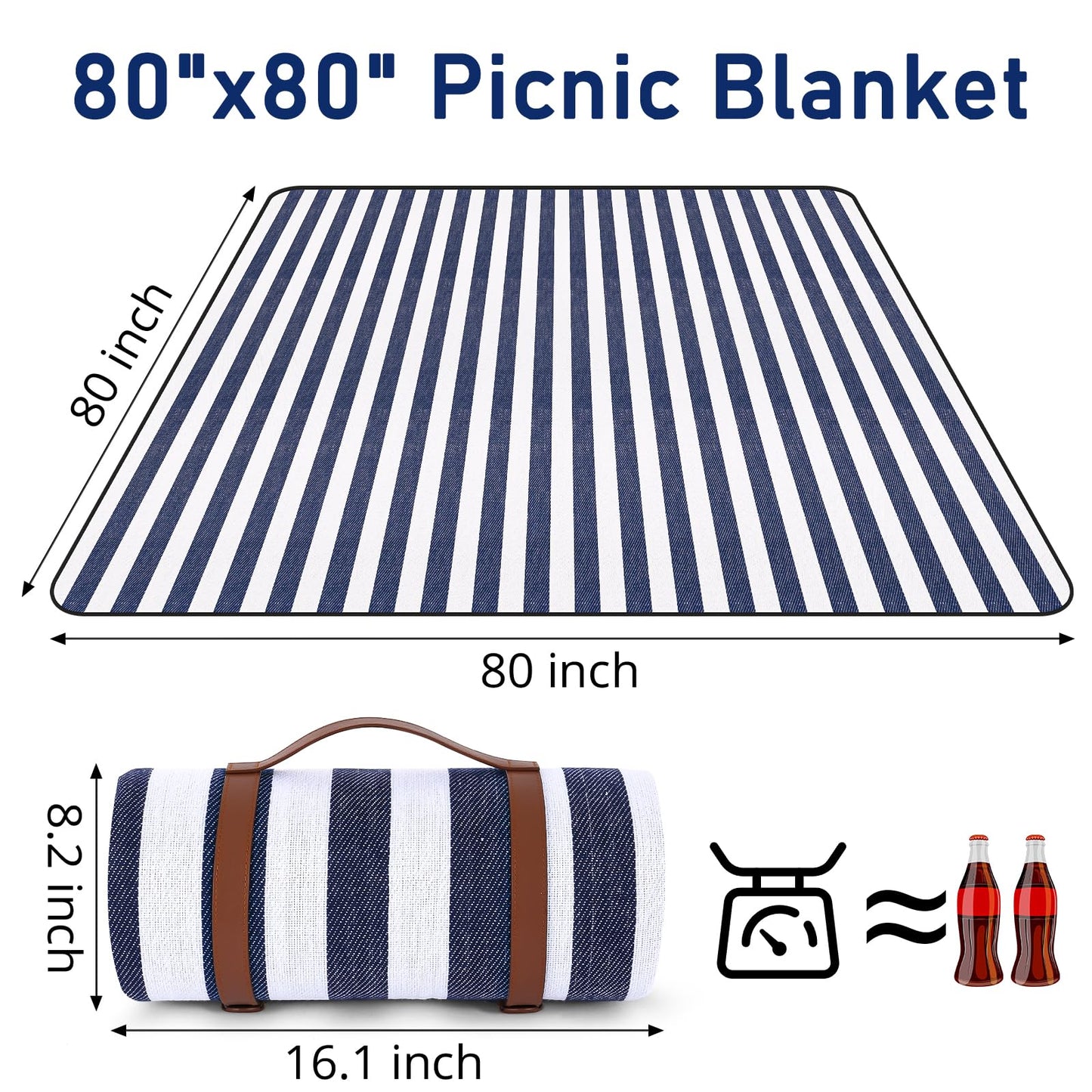 Timirock Striped Picnic Blankets 80” x 80” Extra Large Waterproof and Foldable Beach Blanket, Oversized Blue and White Outdoor Blanket for Camping, Travel, Park, Grass, Patio (Blue & White, 80" x 80")