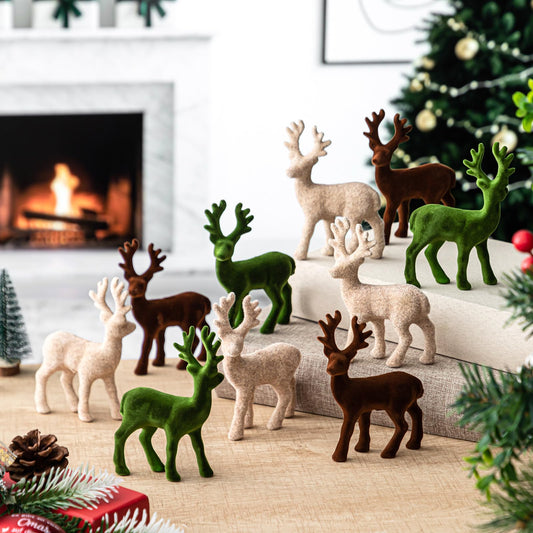 Yalikop 15pcs Reindeer Figurines Christmas Decoration Velvet Tabletop Ornaments Small Reindeer Mini Standing Deer Statues Elk Neutral Centerpiece for Home Office Fireplace Xmas Holiday Party Decor