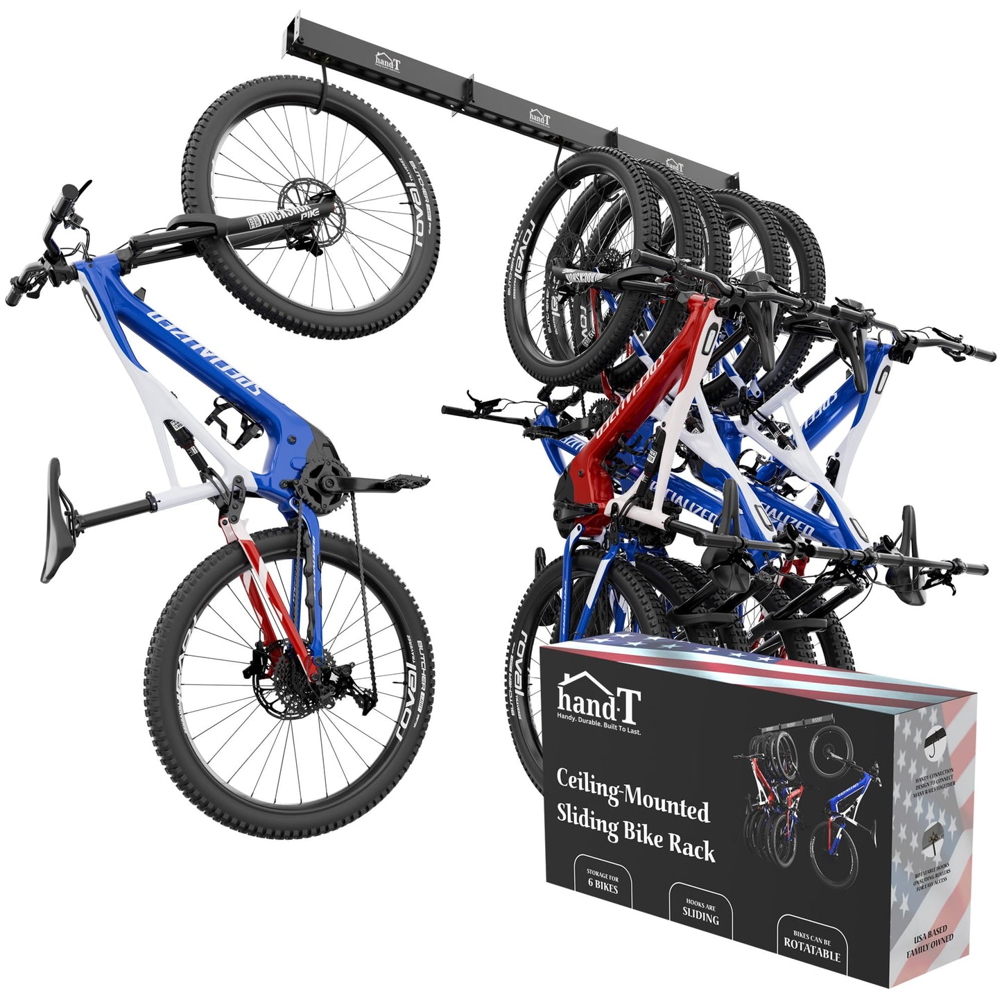 USA Based Ceiling Bike Hanger Slide Mount Up To 6 Bikes, Sliding Garage Bicycle Storage, 51" Heavy Duty Hanging Hook Racks 450lbs Limit, Overhead Mounted Hangers for Storing Bicycles | Black
