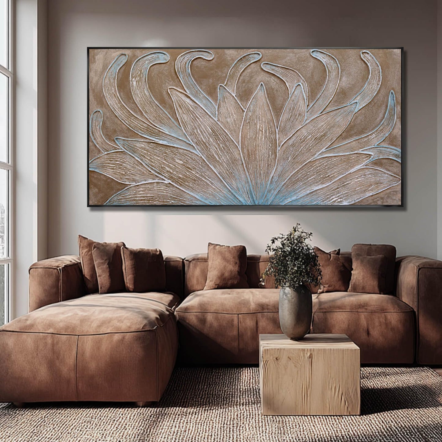 Brown Oil Painting Wall Art Botanical Neutral Floral Flowers Framed Wall Decor Abstract Canvas Pictures Large Artwork for Bedroom Office 29x58 In