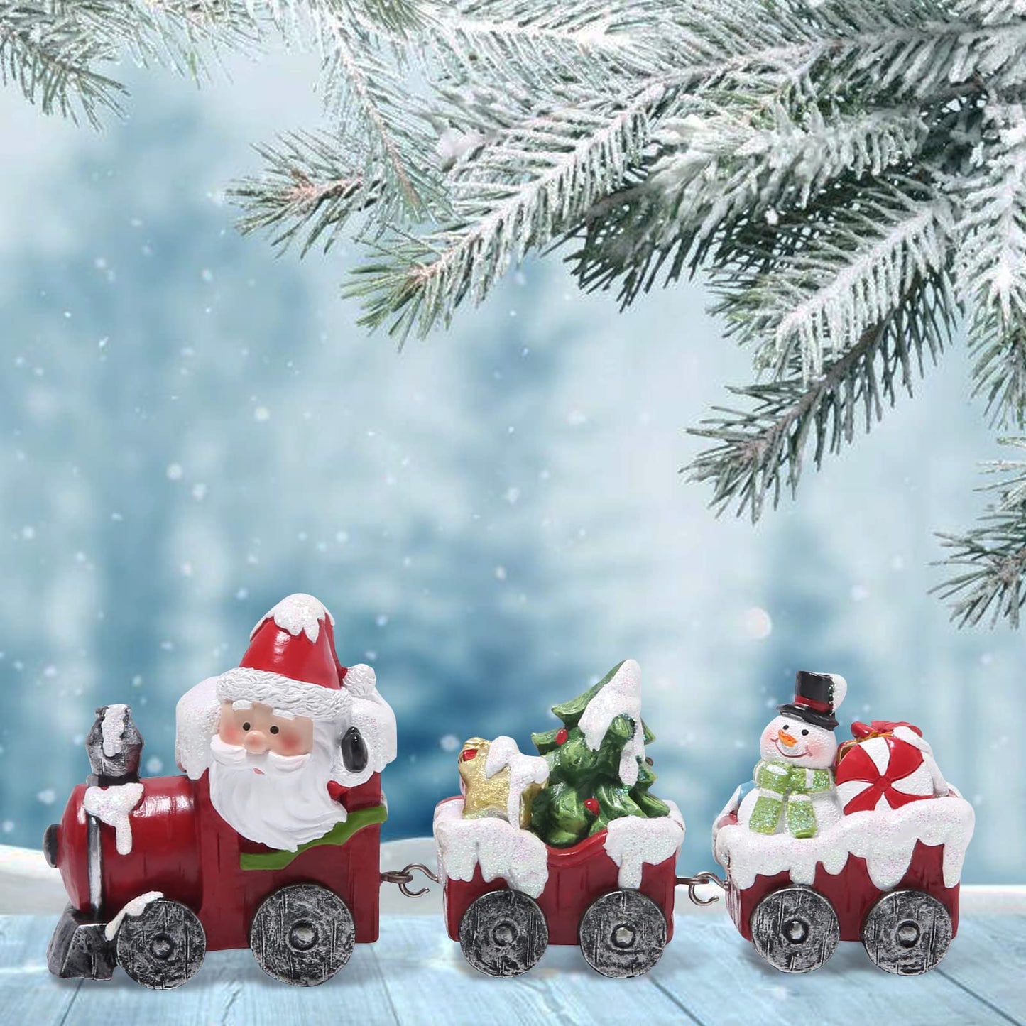 Hodao Christmas Train Figurines with Santa, Tree & Snowman – Mini Resin Tabletop Decorations for Home, Indoor Holiday Decor, Lovely Ornaments & Gift
