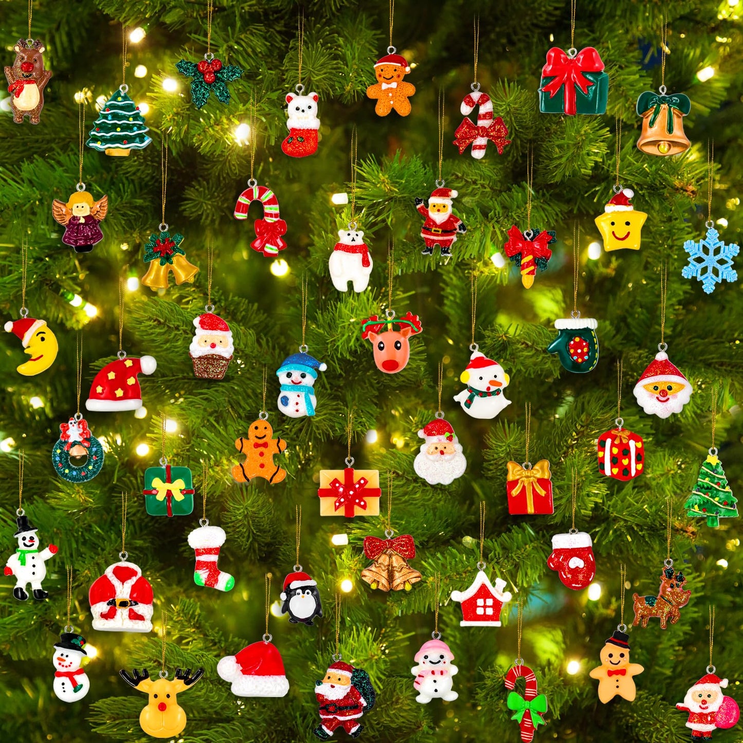 Thuodo 48PCS Mini Resin Christmas Ornaments Set, Tiny Hanging Decorations with String for Christmas Tree Decor