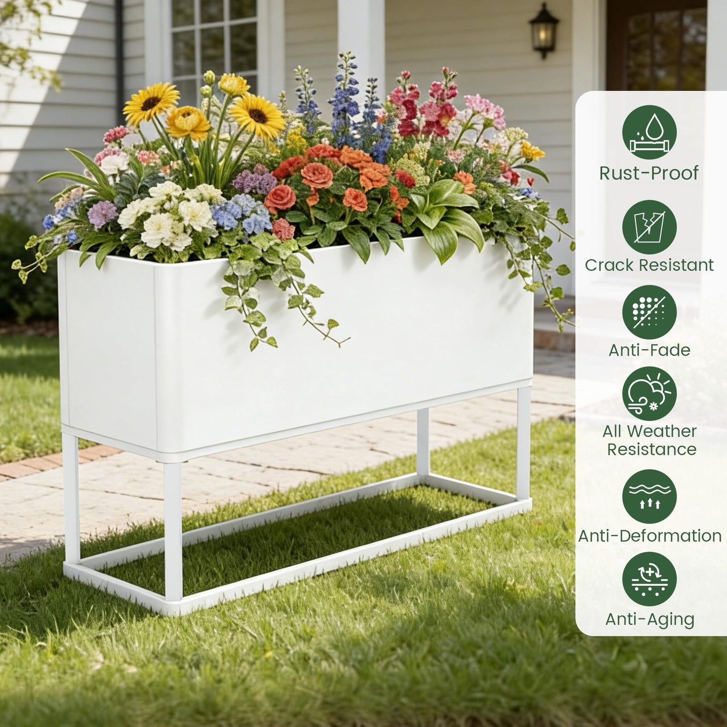 Liskanap Large Metal Planter Box with Legs, 38" L*15" W*30" H Modern Tall Raised Garden Bed with Legs, Rectangular Planters for Outdoor Indoor Patio Deck Balcony Porch Commercial, White