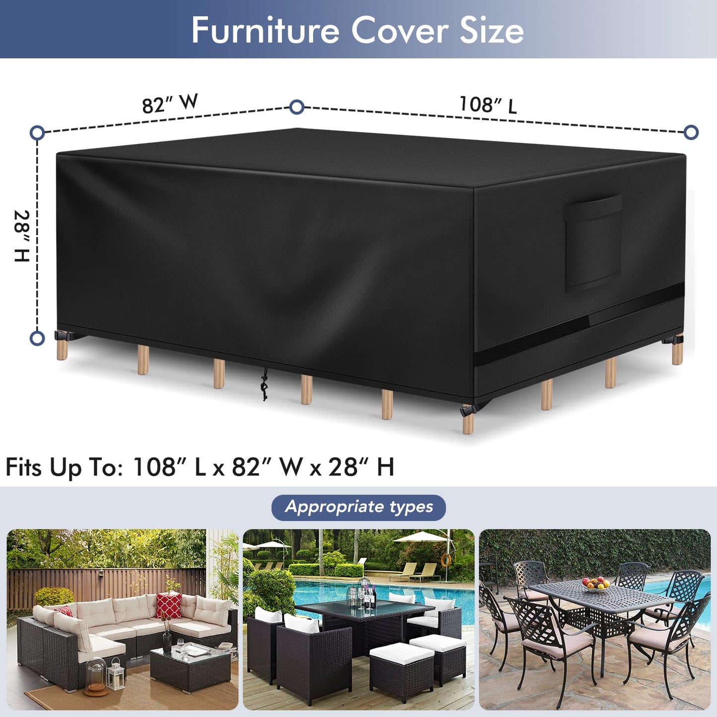 Richwon Patio Furniture Cover, Waterproof Rectangle Outdoor Table Cover, Heavy Duty Sectional Set Protection 108"L x 82"W x 28"H, Black