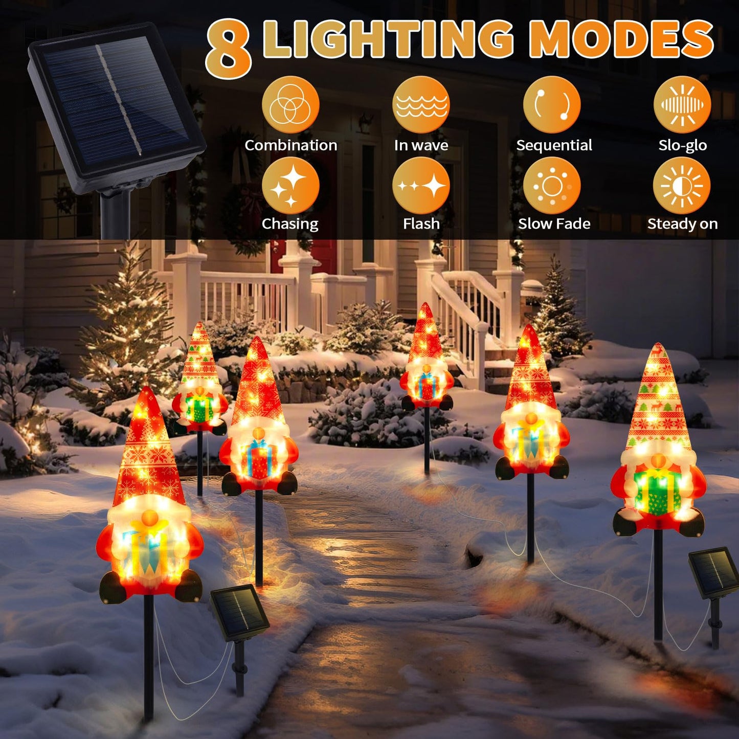 Set of 3 Solar Christmas Decorations, 8 Modes Solar Pathway Stakes Lights, Outdoor Christmas Gnome Lights Decor for Garden, Yard, Porch (Gnome)