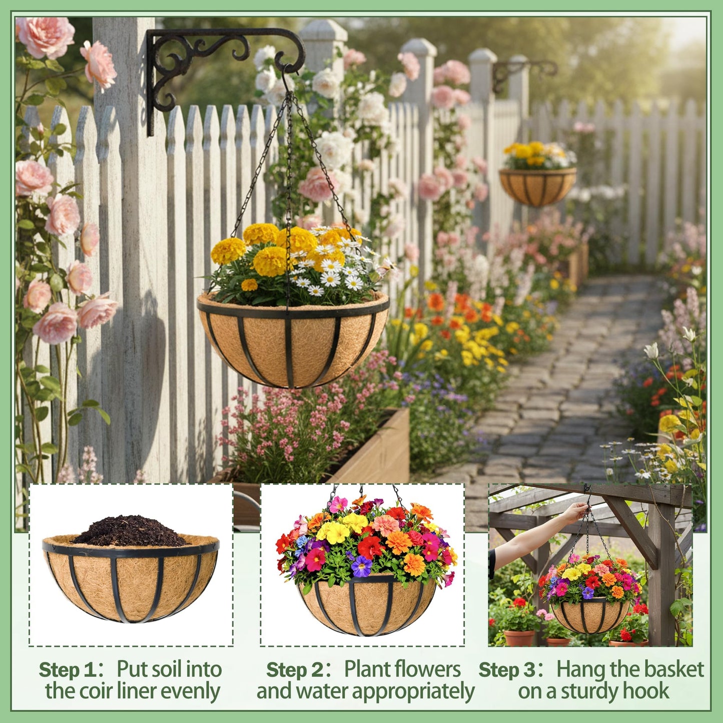 KIDYBELL 2 Pack 12 Inch Round Hanging Basket with Coco Liners， Metal Hanging Baskets for Plants Outdoor， Hanging Planter with Chain Garden Products for Outdoor, Porch, Lawn, Garden