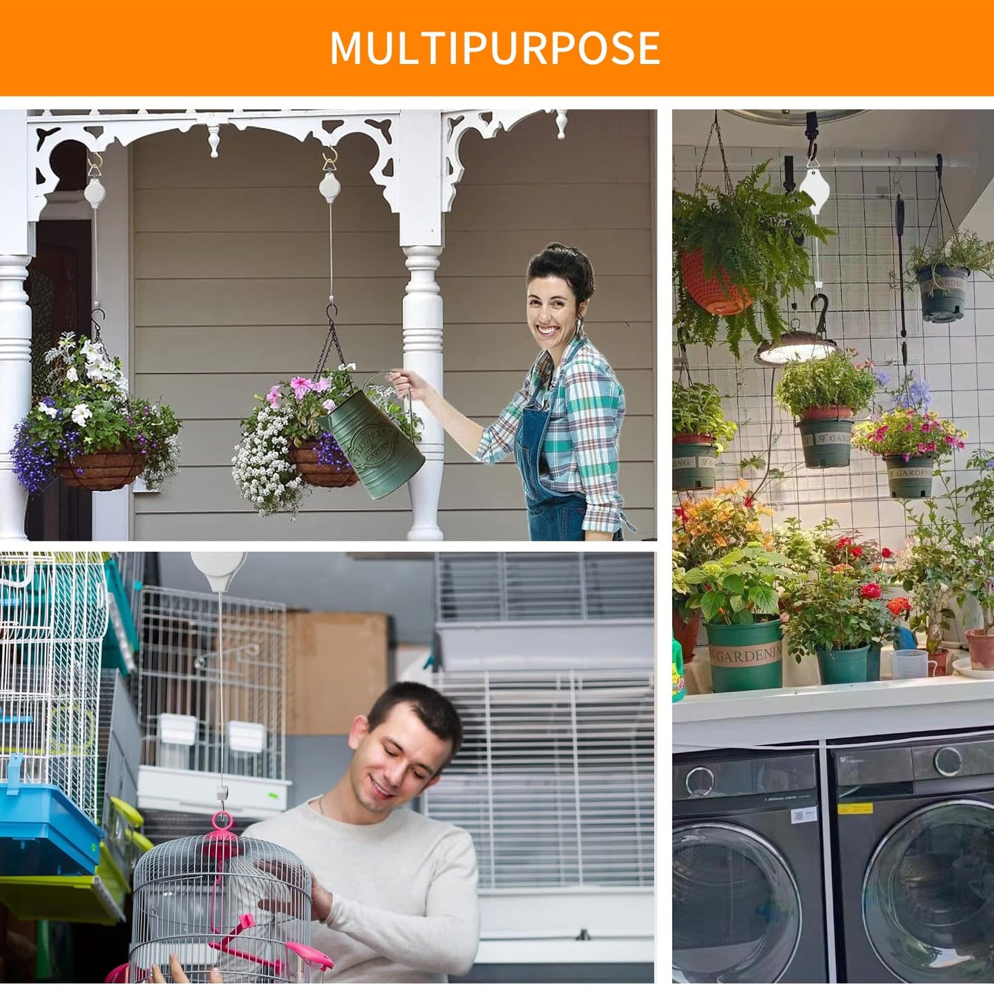 3PCS Retractable Plant Hanger, Adjustable Plant Pulleys for Hanging Plants, Easy to Raise & Lower, Heavy Duty for Garden Flower Pots Hanging Planters Bird Feeders Outdoor Indoor Use(White-3PCS)