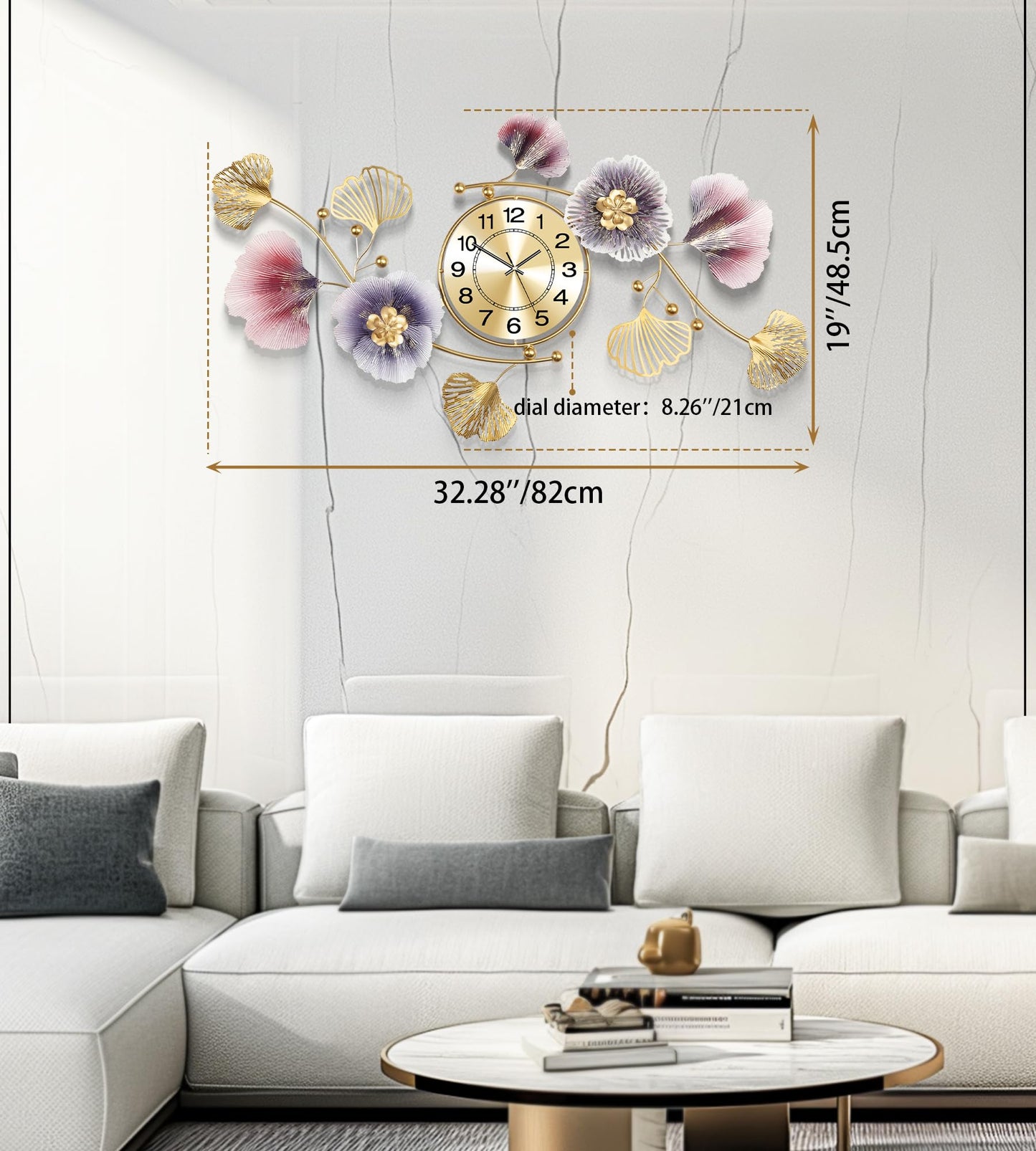 Axioglo Wall Clocks for Living Room Decor,Large Wall Clock,3D Creative Metal Ginkgo Leaf Design,with Silent Movement Wall Clocks for Home Wall Decor Clock（33"x18"）