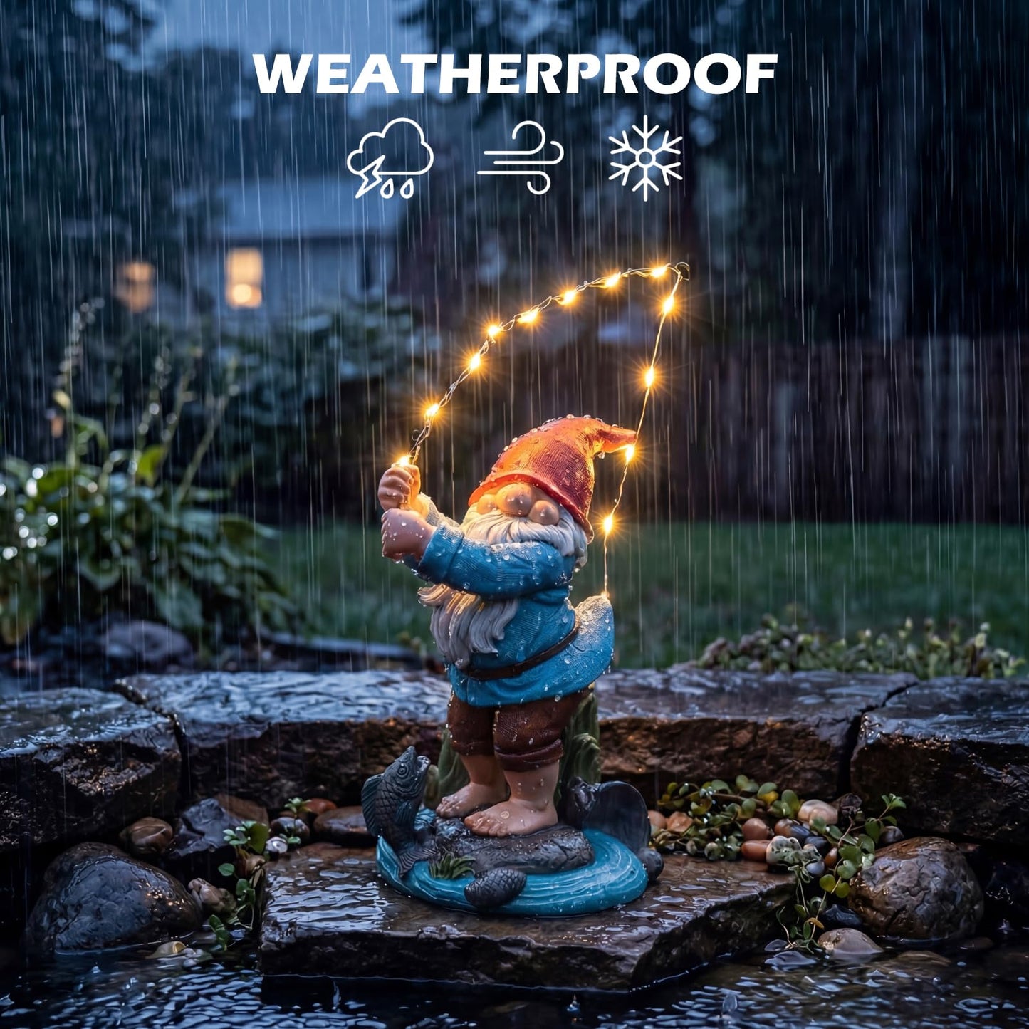 EXYGLO Solar Gnome Garden Statue Decor, 8.5" Fishing Gnome Outdoor Funny Decoration for Lawn, Patio, Yard, and Unique Housewarming, Birthday Ornament Gift for Mother, Friend, Family