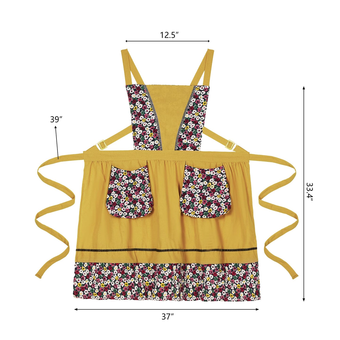 Pinknoke Kitchen Aprons for Women with Pockets Cute Floral Chef Pinafore Apron for Gardening Cooking Baking Painting (Mustard)