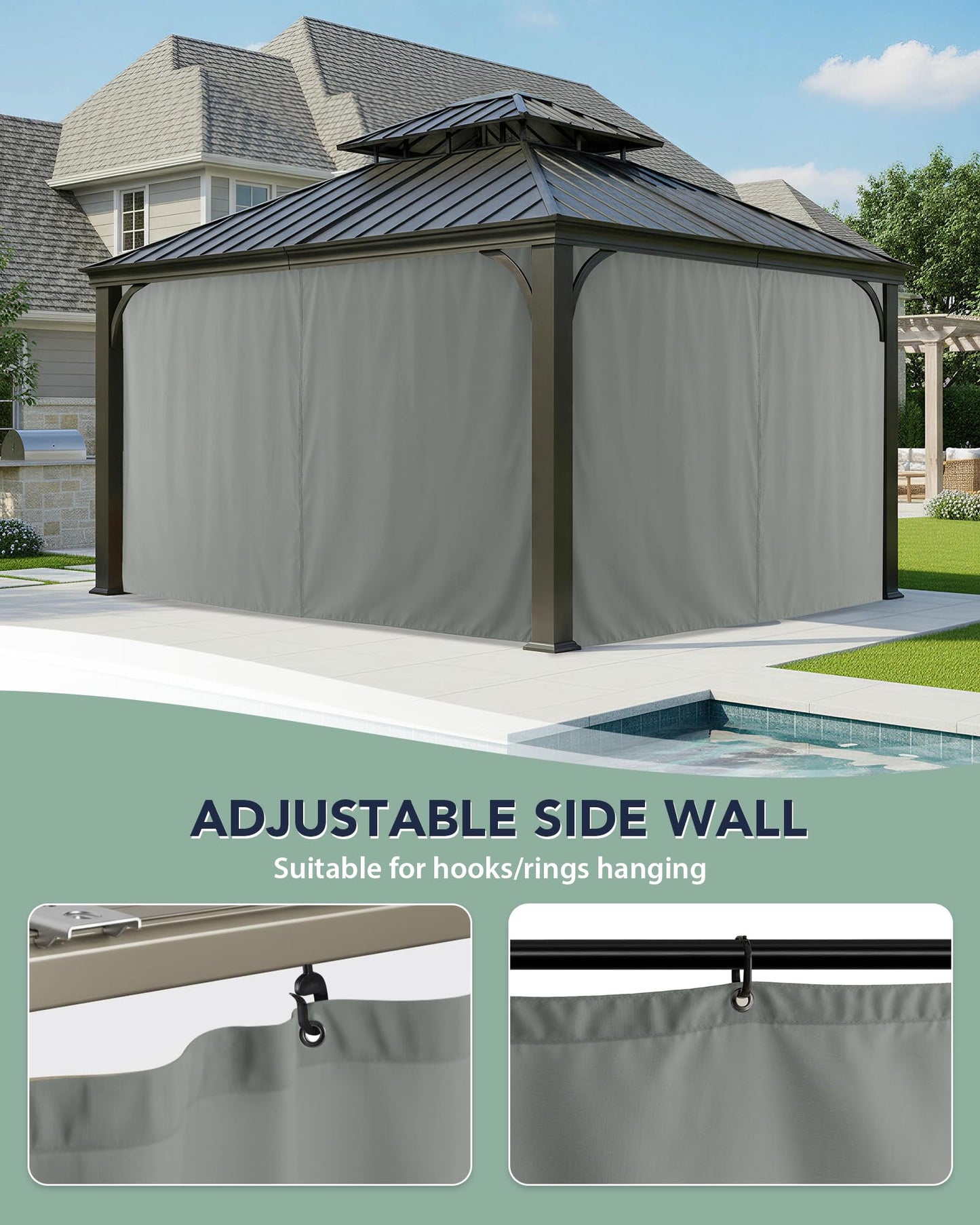 RichSets Gazebo Curtains Outdoor Waterproof - 10'Wx10'Lx7'H Weatherproof Patio Pergola Outside Curtains, Gazebo Universal Replacement Privacy Curtains, 4 Panels Sidewall Drapes with Zipper, Grey