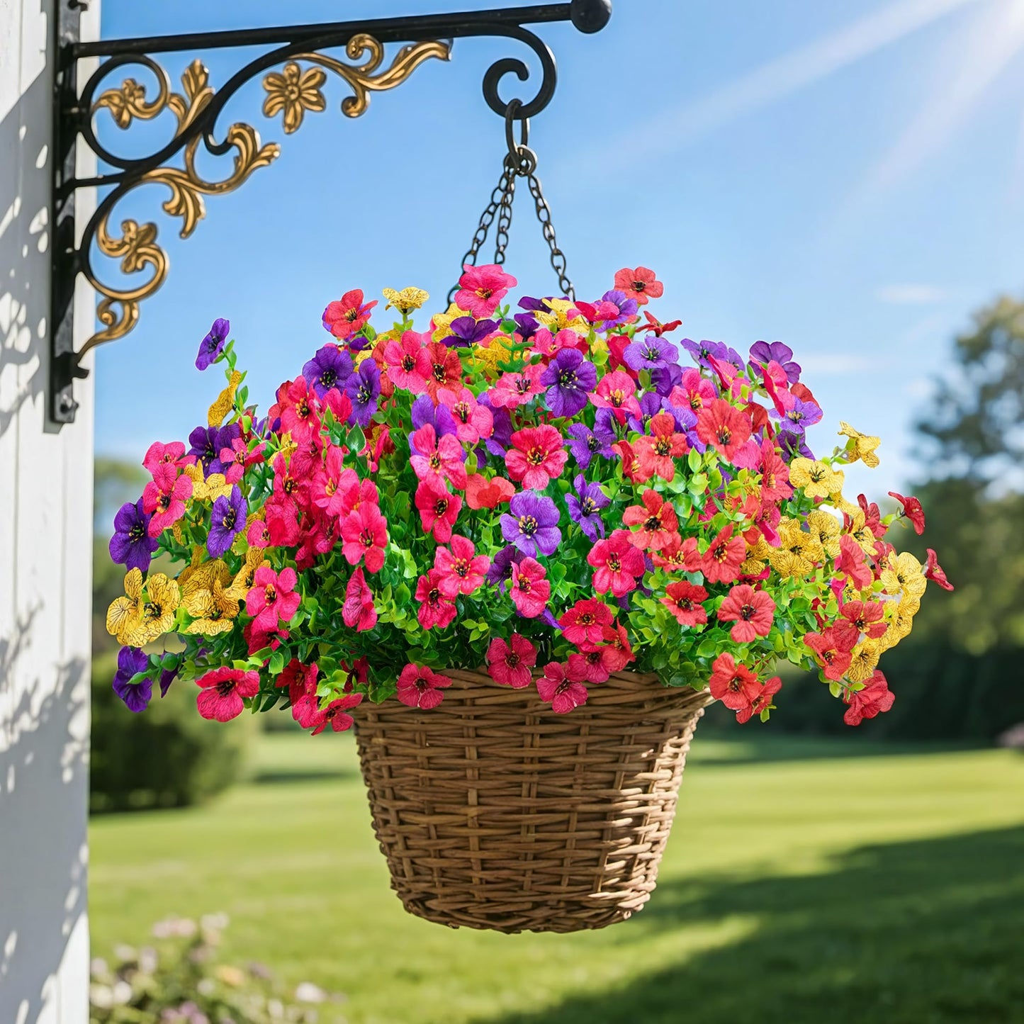 16 Bundles Artificial Fake Flowers Plants for Outdoors Spring Summer Decor,Faux Flowers Plant Silk Daisy UV Resistant for Outside Planters Front Porch Patio Yard Garden Home(Red,Purple,Yellow,Fuchsia)