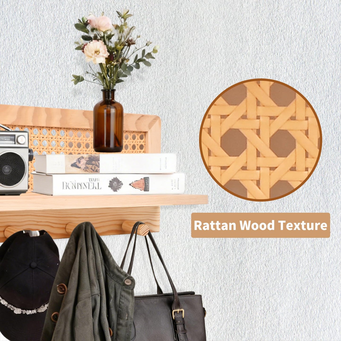 ZELURA Rattan Wall Shelf with Hooks, Boho Entryway Organizer, Floating Storage