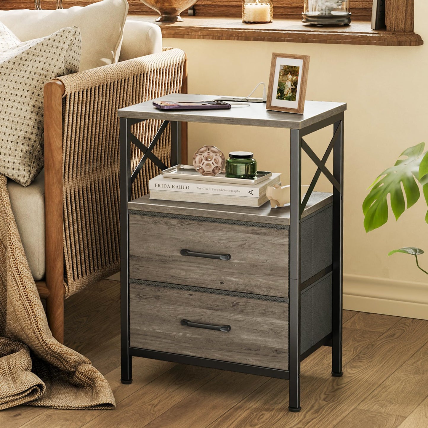 Huuger Night Stand with Charger Station, 2 Drawer Nightstand with Open Shelf, Bed Side Table with USB-C Port, End Table, Compact Size for Small Spaces, X Shaped Side Rail, Oak