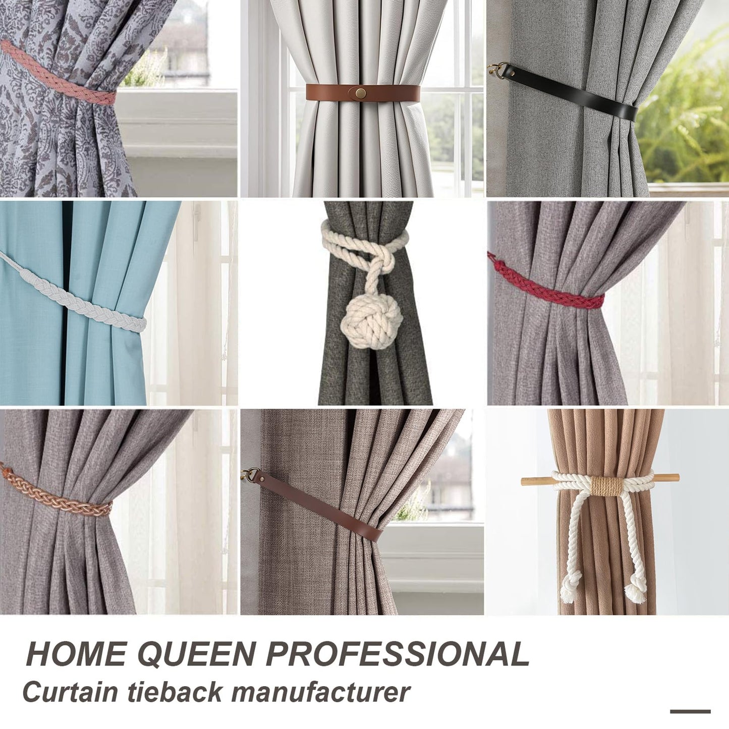 Home Queen Leather Curtain Tie Backs Attach to Wall, Outdoor Drape Holder Holdbacks Tiebacks with Hooks, Set of 2, Chocolate
