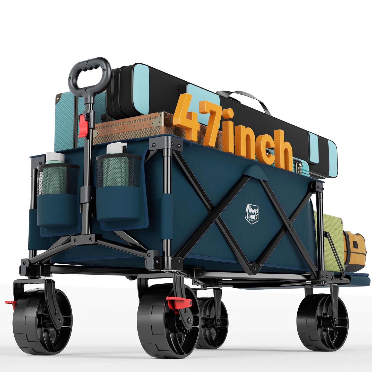 Timber Ridge 47" L Collapsible Wagon with Tailgate & Brake, 300 lbs Heavy Duty Beach Wagon with All-Terrain Big Wheels, 250L Foldable Utility Cart for Sand Camping Sports Shopping, Blue