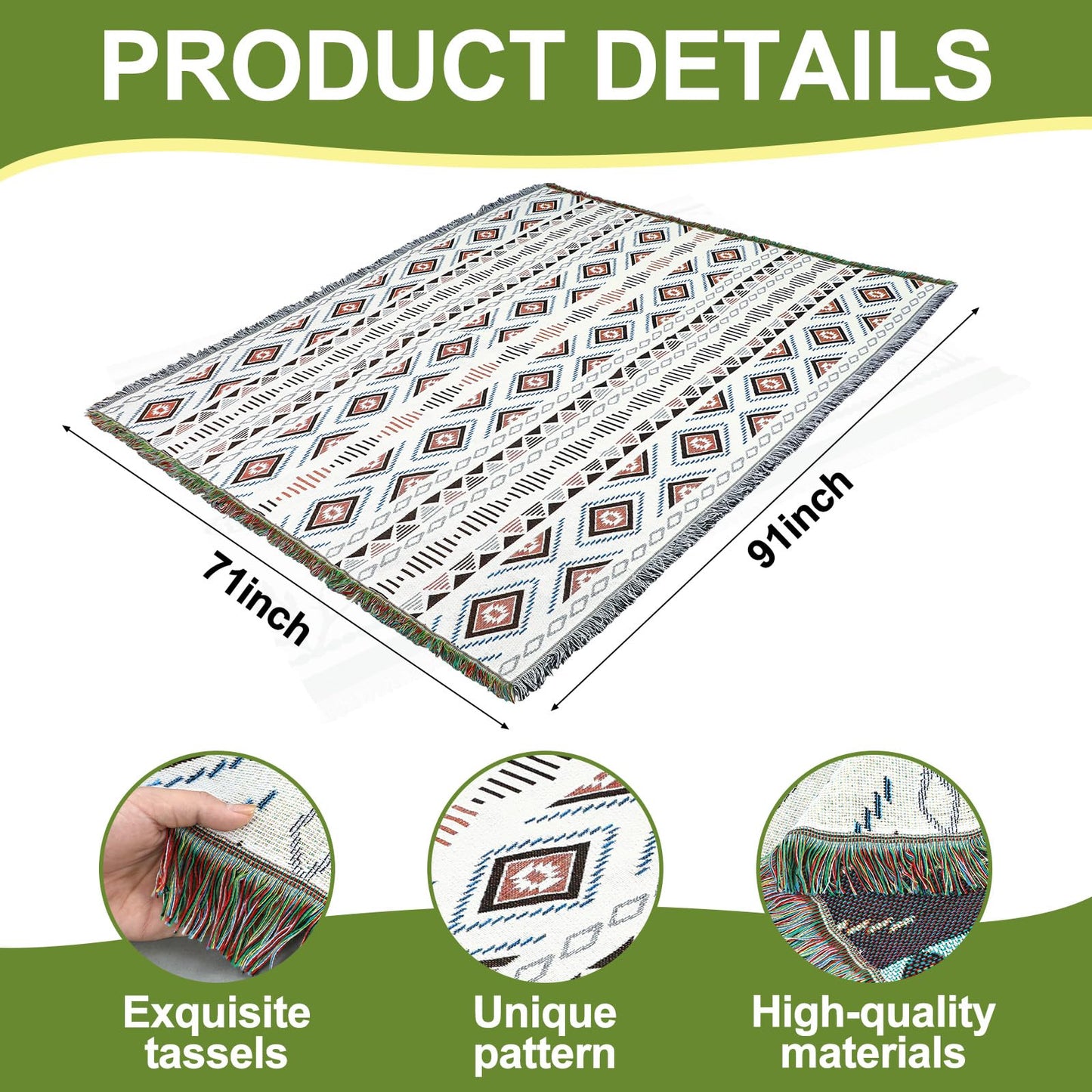 Hahafelt 91x 71 in Extra Large Outdoor Picnic Blanket with Waterproof Mat Oversize Beach Woven Cotton Yarn Blanket with Fringe Machine Sandproof for Spring Summer Camping Beach Park(Diamond,Brown)
