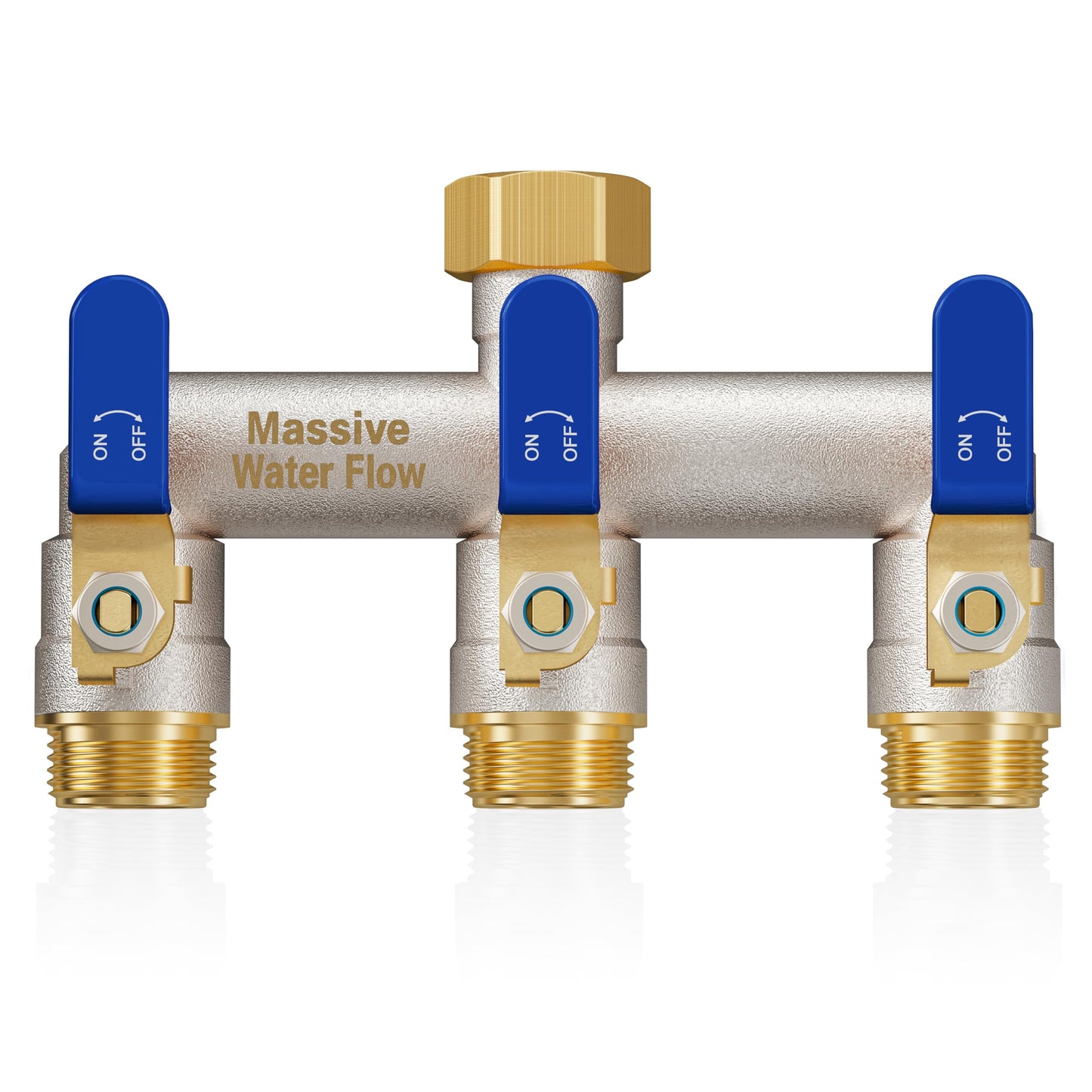 3 Way Hose Splitter Heavy Duty, Garden Hose Splitter with 3 Long Handle, Full Flow Brass Nickel Plated Water Hose T Spigot Splitter Adapter Connector, 3/4 - Inch GHT Thread (Blue)