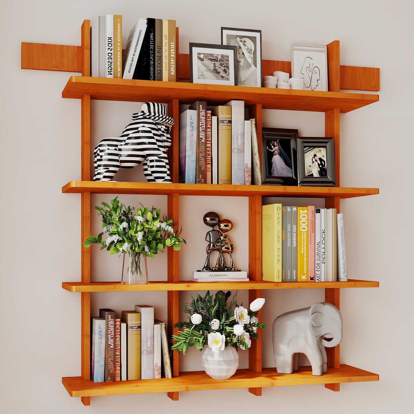 Raykion Bookshelf 4 Tier Wall Mounted Display Shelf, Space-Saving Floating Bamboo Bookcase Heavy Duty 600lbs, Storage Organizer for Living Room Bedroom Office, 43" W x 52" H