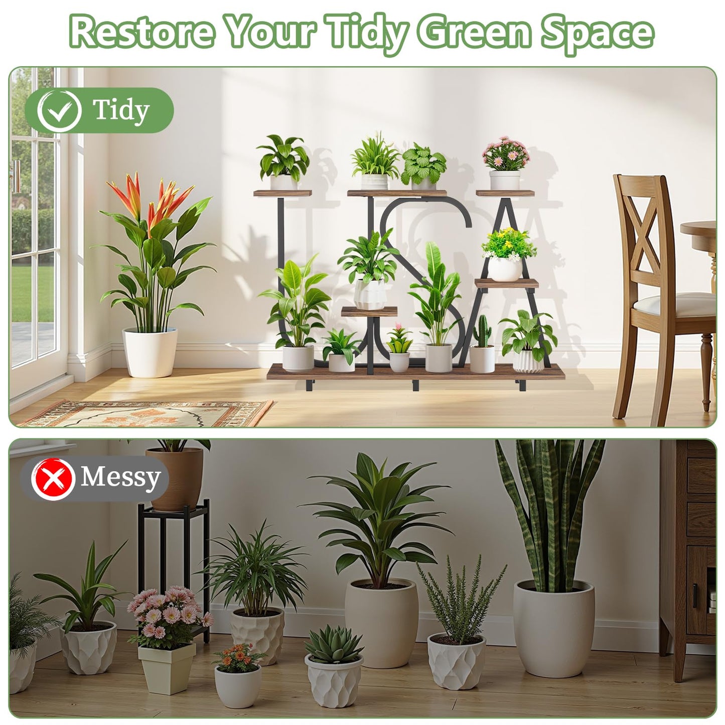 NUNUDA Plant Stand Indoor with Grow Lights - Enlarged 6 Tiered Plant Shelf with Grow Light, 32" USA-Shaped Plant Stand Holds 12 POTS Indoor Plants, Metal Plant Shelf for Home, Living Room, Patio
