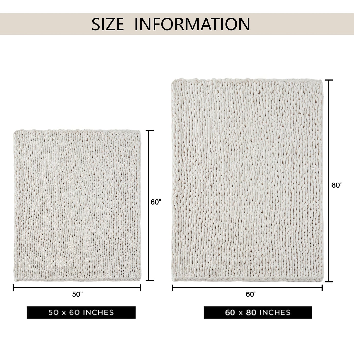 LONG CREATE Chunky Knit Throw Blanket 50"X 60", 100% Handmade with Soft Chenille Yarn, 4.4lbs Thick Cable Knitted Blankets, Large Rope Knot Crochet Throws for Couch Sofa Bed Home Decor, Cream White