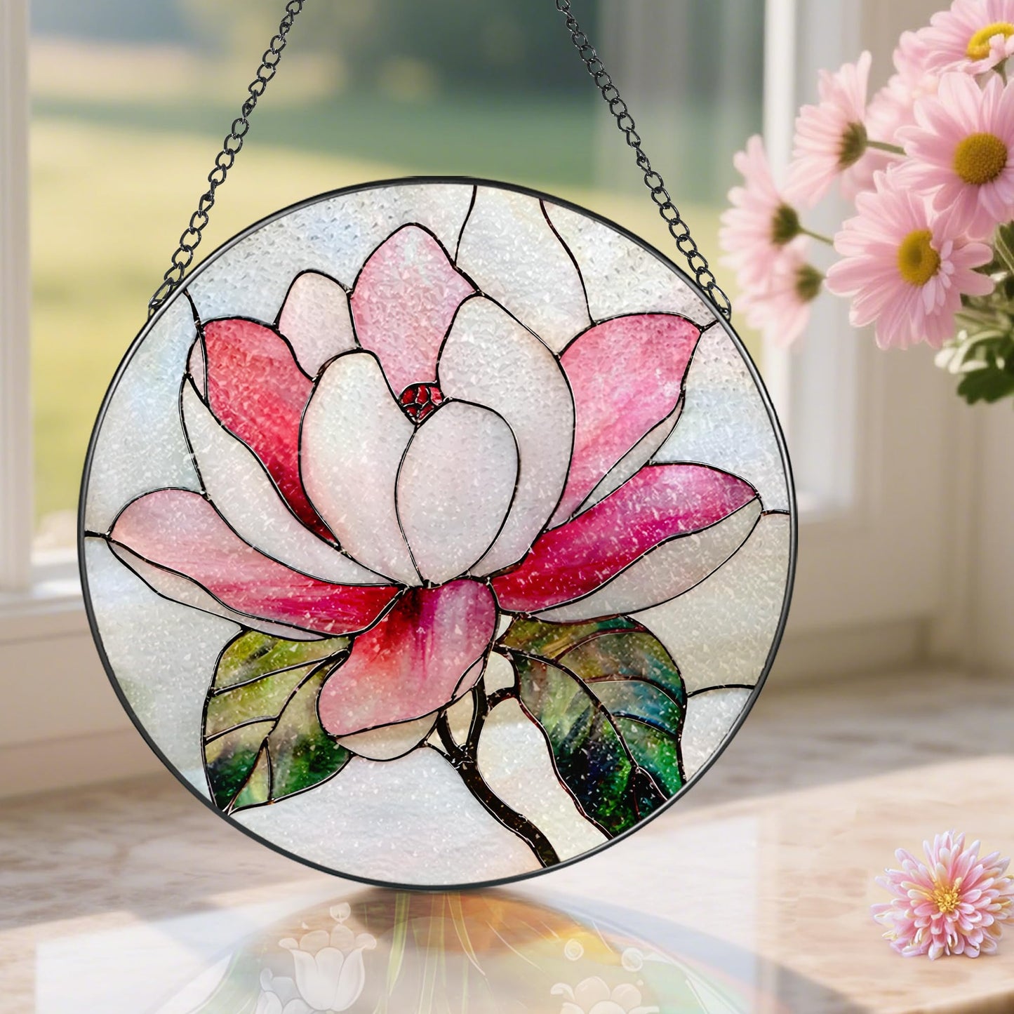 8-Inch Stained Glass Ornament, Stained Glass Window Hanging, Window Hanging Decor Suncatcher, Magnolia Flower Ornament | Holiday, Mother's Day, Birthday | Gifts for Nature and Garden Lovers