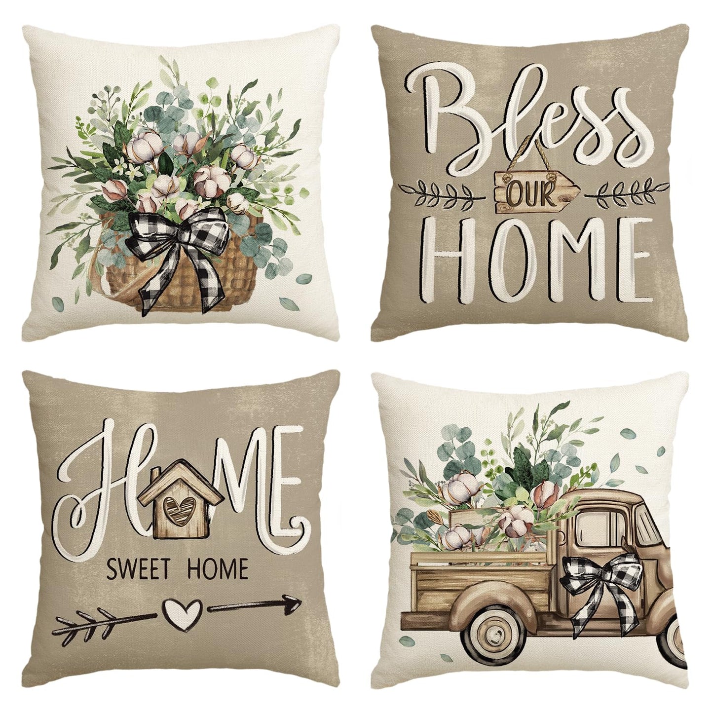 AVOIN colorlife Bless Our Home Farmhouse Eucalyptus Leaves Throw Pillow Covers, 18 x 18 Inch Truck Home Sweet Home Cushion Case Decorations Set of 4