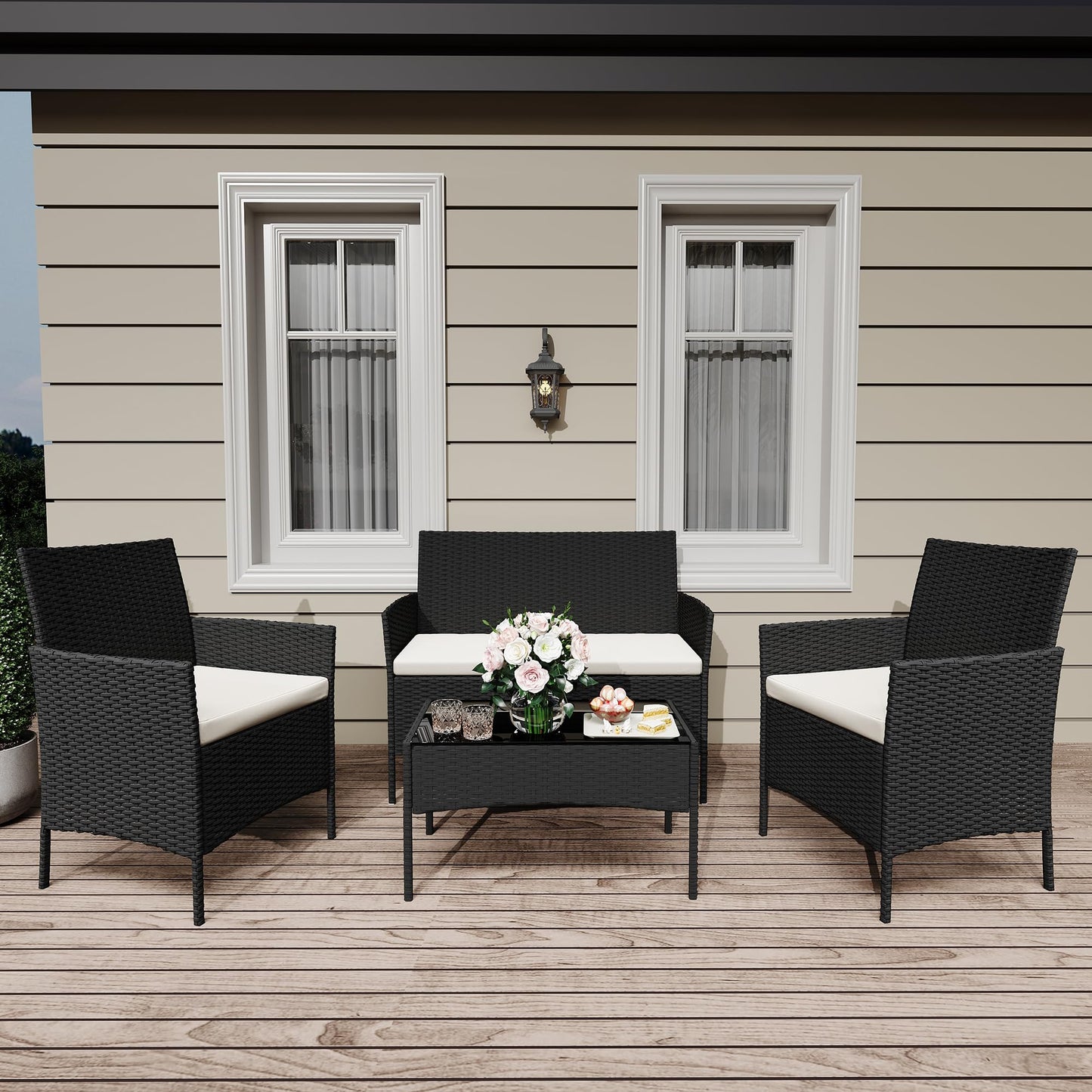 GAOMON 4 Piece Patio Furniture Set, Modern Patio Conversation Set with Glass Coffee Table, PE Wicker & Cushions for Poolside, Deck, Balcony, Black & Beige
