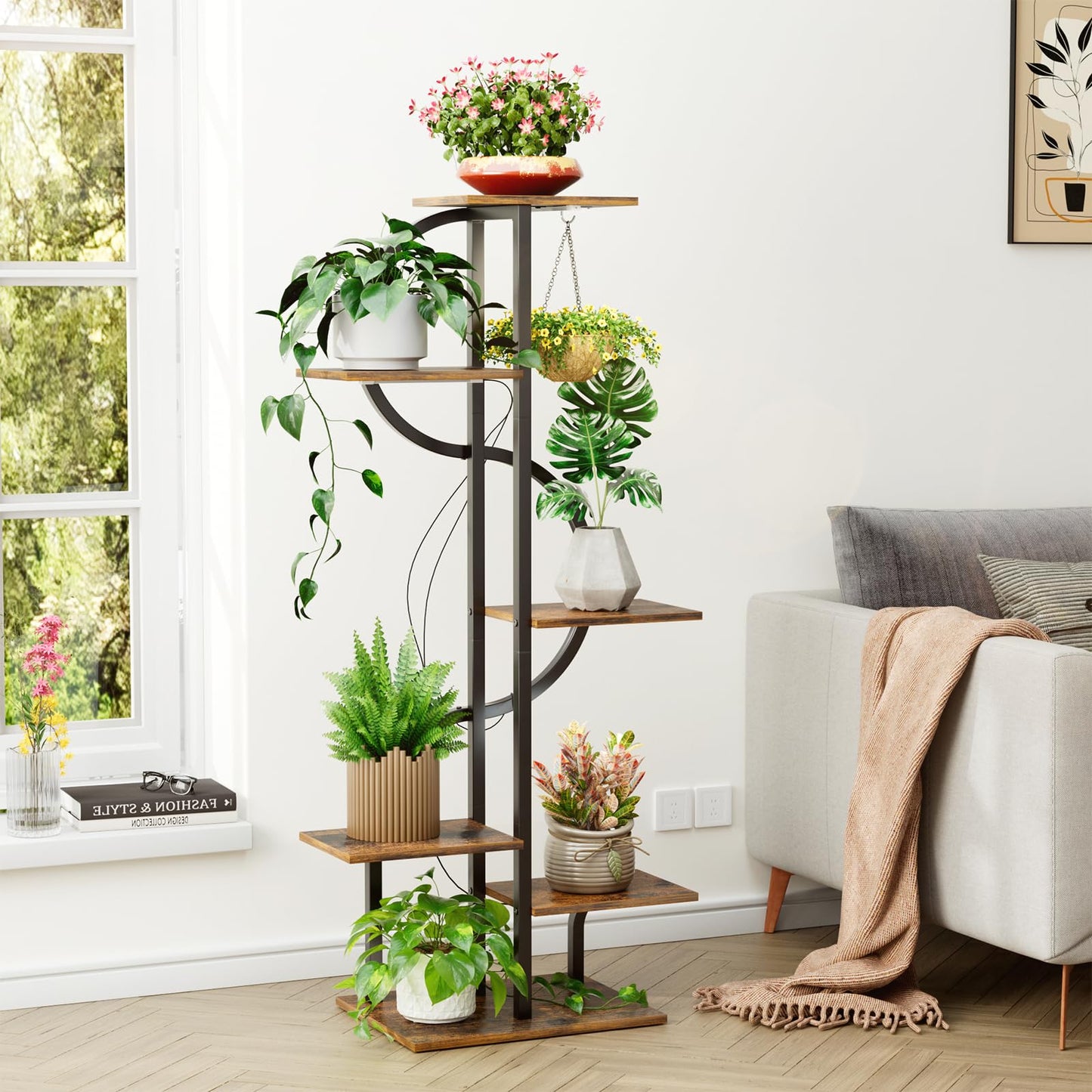 REFGY 6-Tier Tall Plant Stand with Hanging Hook, Multi-Tiered Vertical Flower Pot Holder for Indoor Outdoor, Heavy Duty Metal Plant Shelf for Corner, Living Room, Balcony, Patio, Rustic Brown