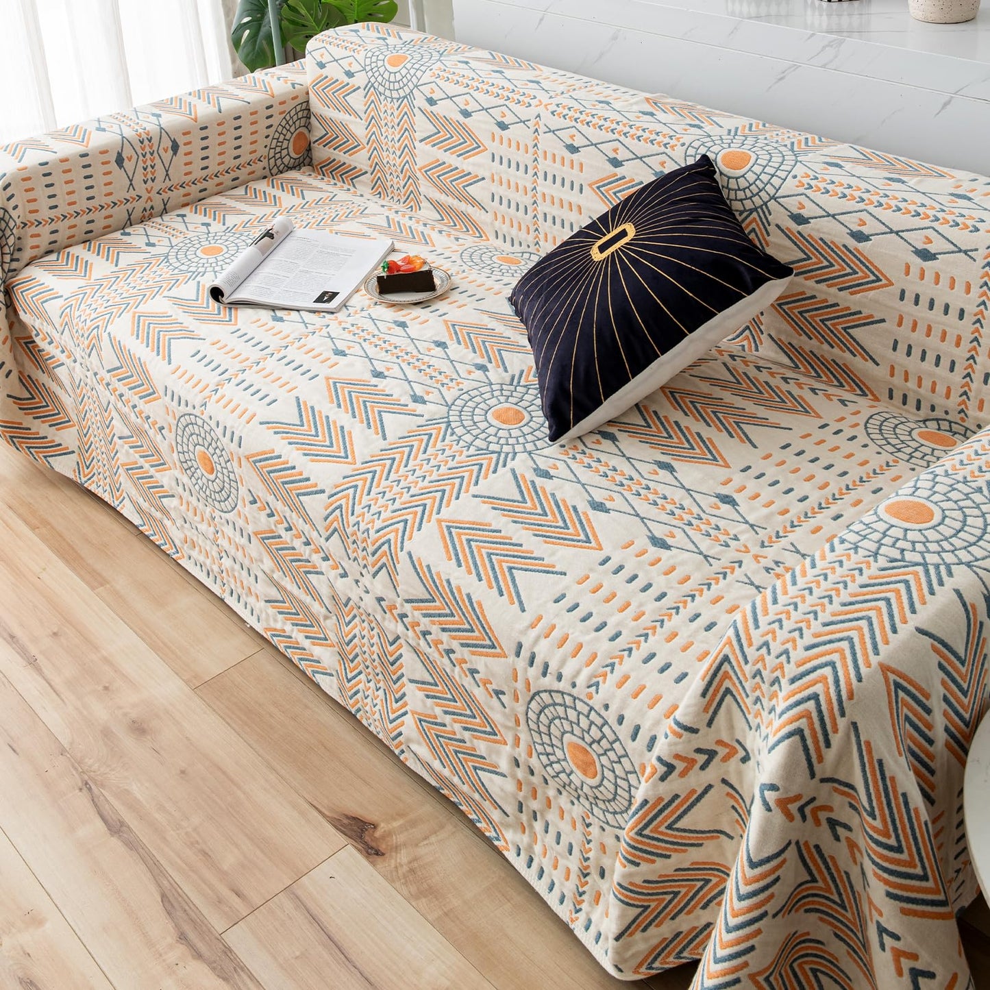 Osunnus Cotton Couch Cover Washable Boho Reversible Throw Sofa Cover Geometric Jacquard Multi-Use Furniture Protector for 2-3 Cushion Sectional L Shaped Sofa Bed Boho Home Decor, 79" x 118"