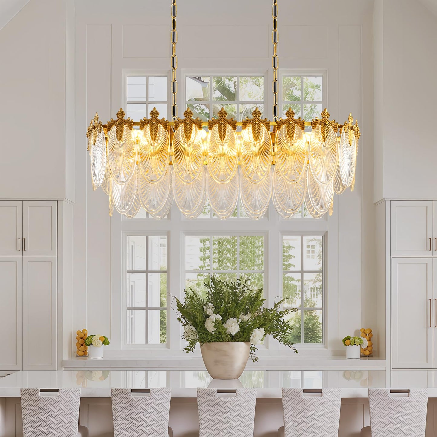 KELUOLY Rectangular Crystal Glass Dining Room Chandelier, 8 Light Gold Chandeliers Lighting Fixture, L33.5'' Height Adjustable Oval Ceiling Pendant Light for Office Coffee Over Table Kitchen Island