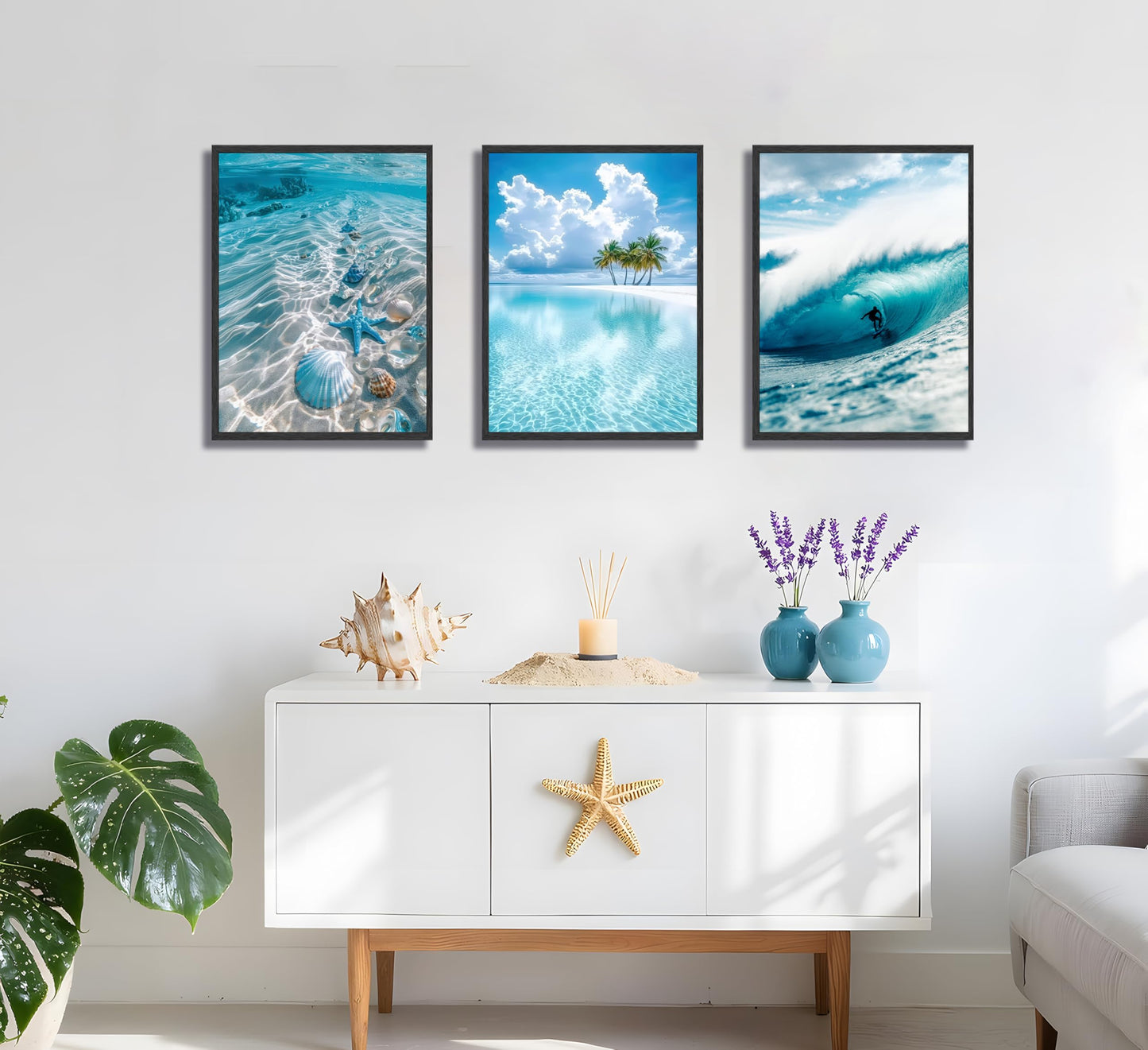 3pcs Blue Ocean Wall Art Featuring Starfish Seashells Waves and Palm Trees Summer Beach-Themed Canvas Paintings Prints Modern Coastal Style Posters Wall Decor suitable for Bathroom living room Decoration (Unframed)