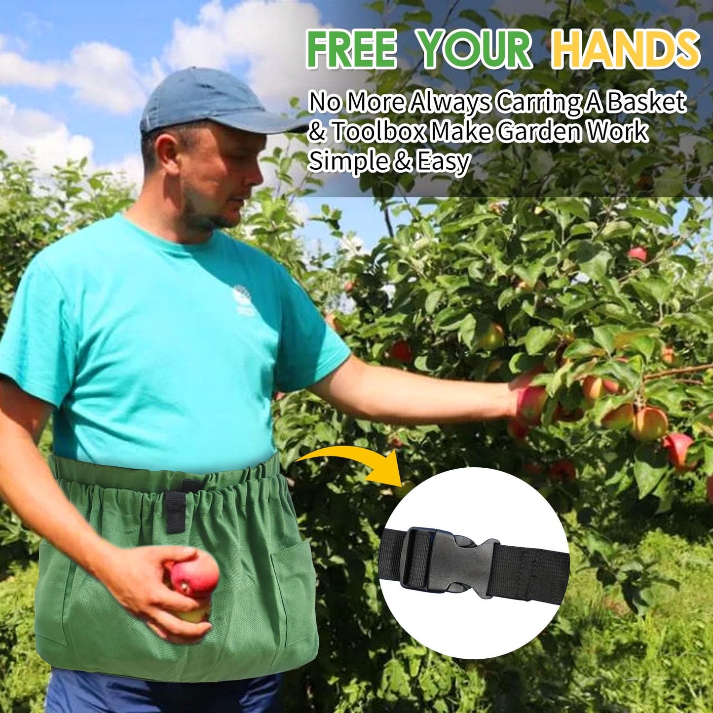 BOHEMIABY Gardening Apron Harvest Apron with Pockets, Green Garden Apron, Adjustable Waist Belt (Waist Apron)