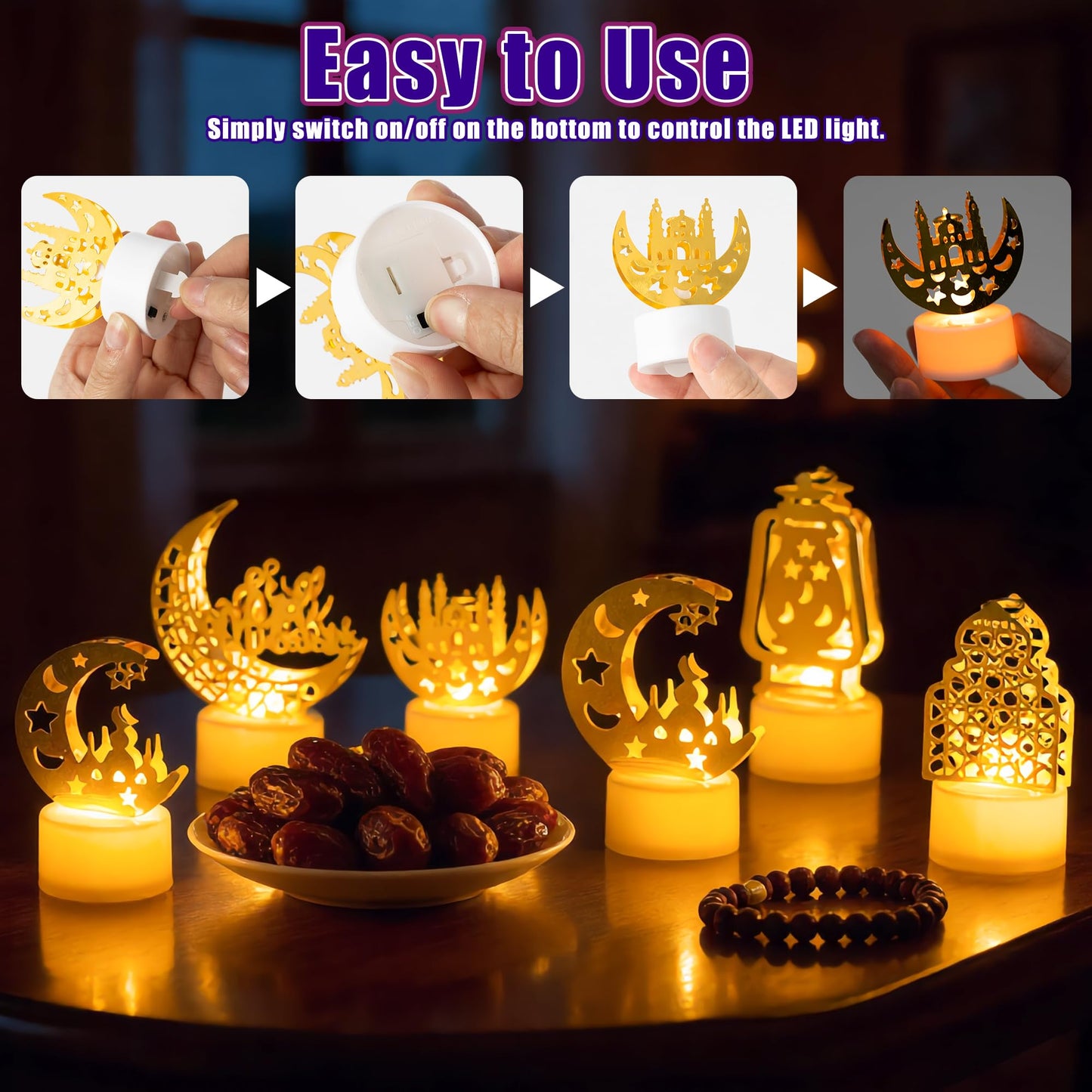 CUweipeng Ramadan Mini Lantern Lights Decoration - 6 Pcs Gold Moon Castle Lighthouse Eid Mubarak Lamp Plastic LED Night Light for Eid Ramadan Party Home Indoor Outdoor Bedroom Tabletop Decoration