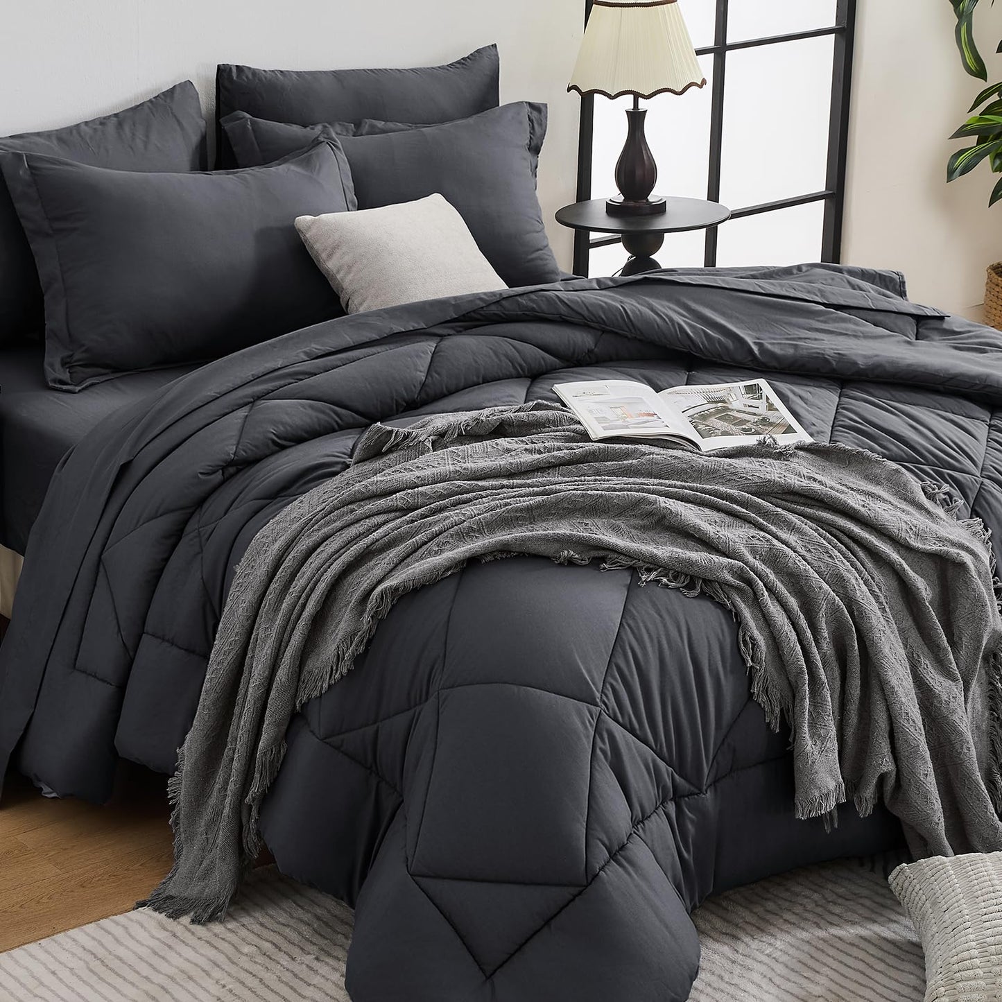 HEVUMYI 7 Pieces Queen Comforter Set, All Season Reversible Bed in a Bag, Ultra Soft Queen Bedding Set with Grey Comforter, Flat Sheet, Fitted Sheet, Pillowcases, Pillow Shams, Dark Grey